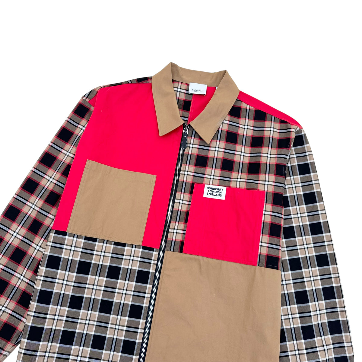 BURBERRY PATCHWORK ZIP-UP OVER SHIRT RED / BEIGE M