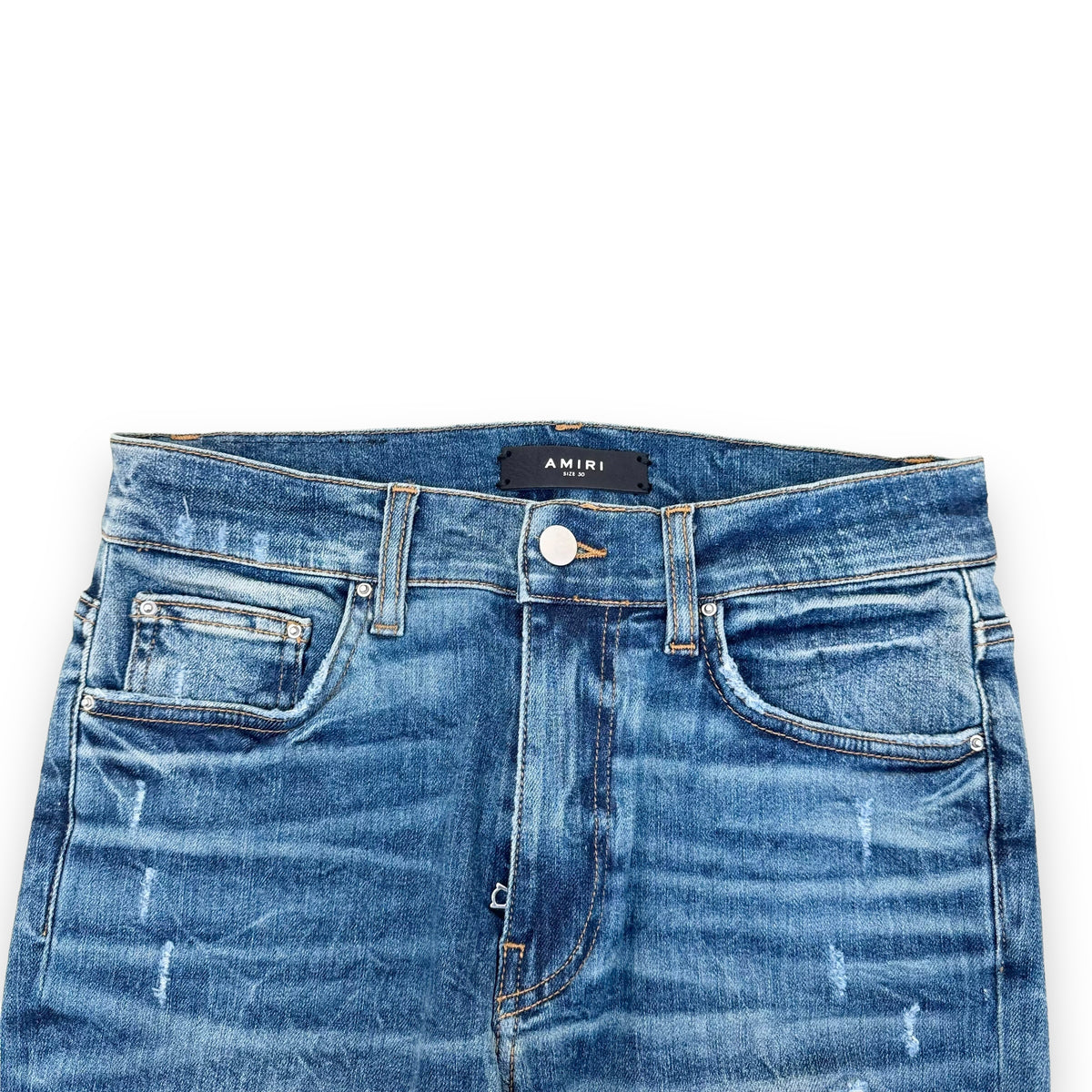 AMIRI MX1 DISTRESSED LEATHER PATCH DENIM JEANS BLUE 30W