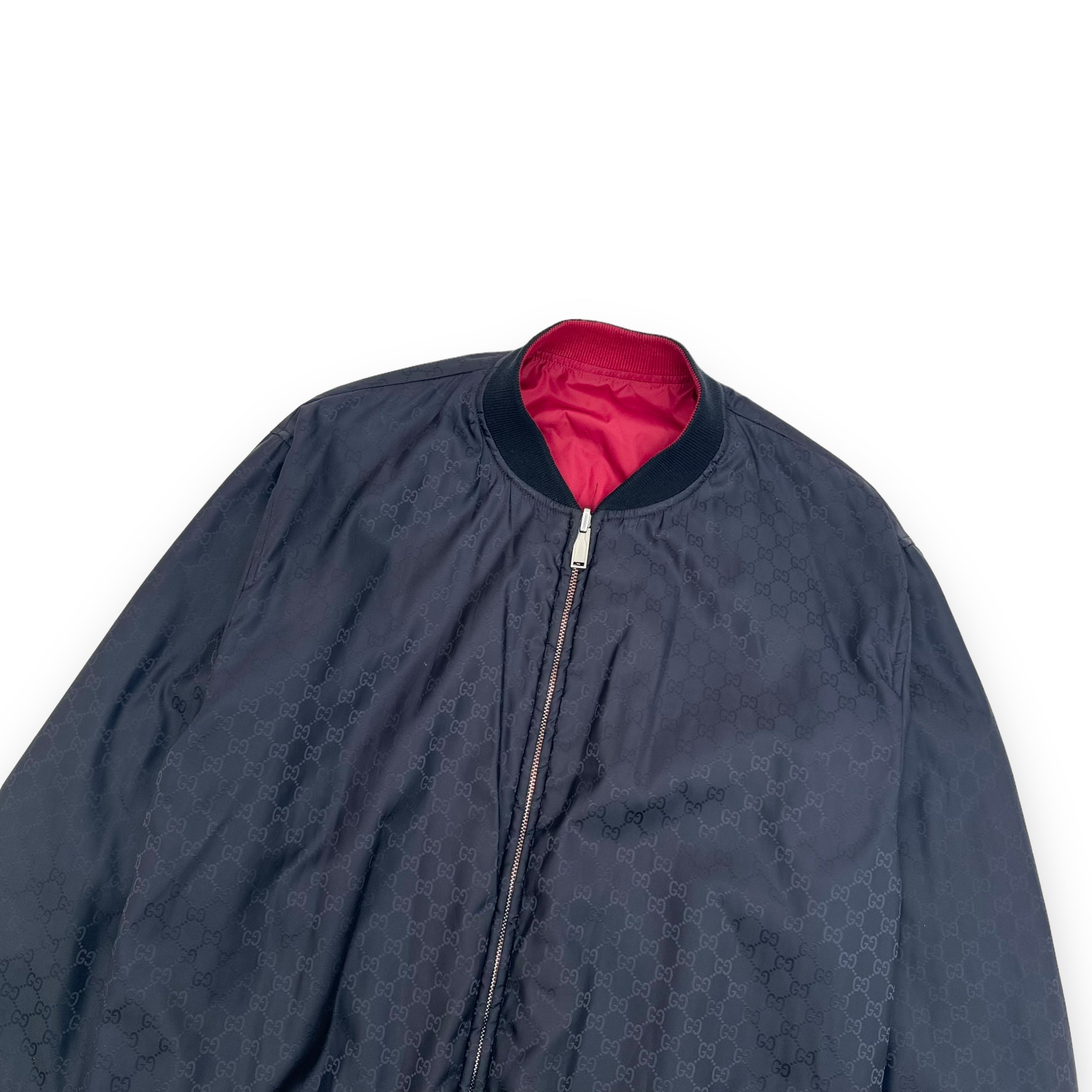 GUCCI GG REVERSIBLE MONOGRAM NYLON BOMBER JACKET BLACK / RED XL