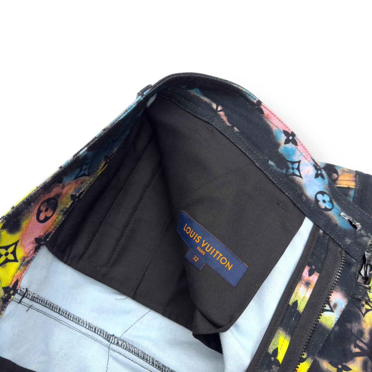 LOUIS VUITTON MONOGRAM TIE-DYE DENIM CARGO TROUSERS MULTICOLOURED W32”
