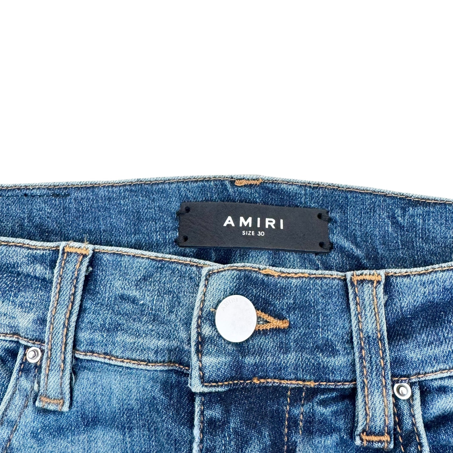 AMIRI MX1 DISTRESSED LEATHER PATCH DENIM JEANS BLUE 30W