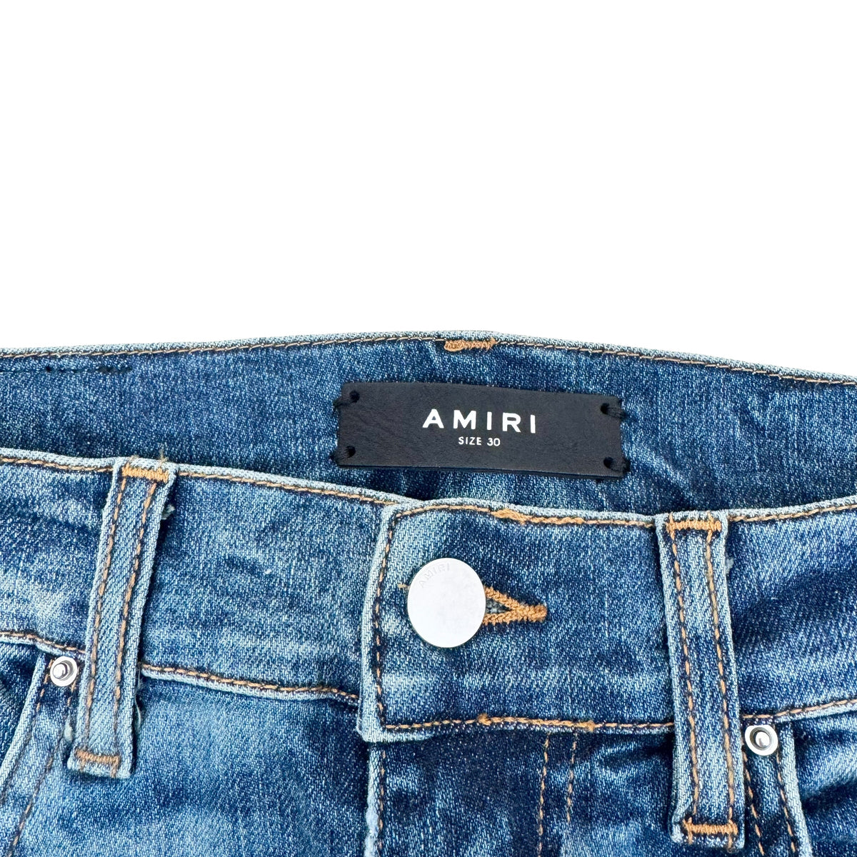 AMIRI MX1 DISTRESSED LEATHER PATCH DENIM JEANS BLUE 30W