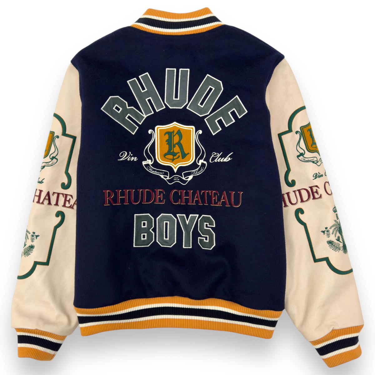 RHUDE WINE CLUB LEATHER / WOOL VARSITY JACKET NAVY / CREAM / MUSTARD XL