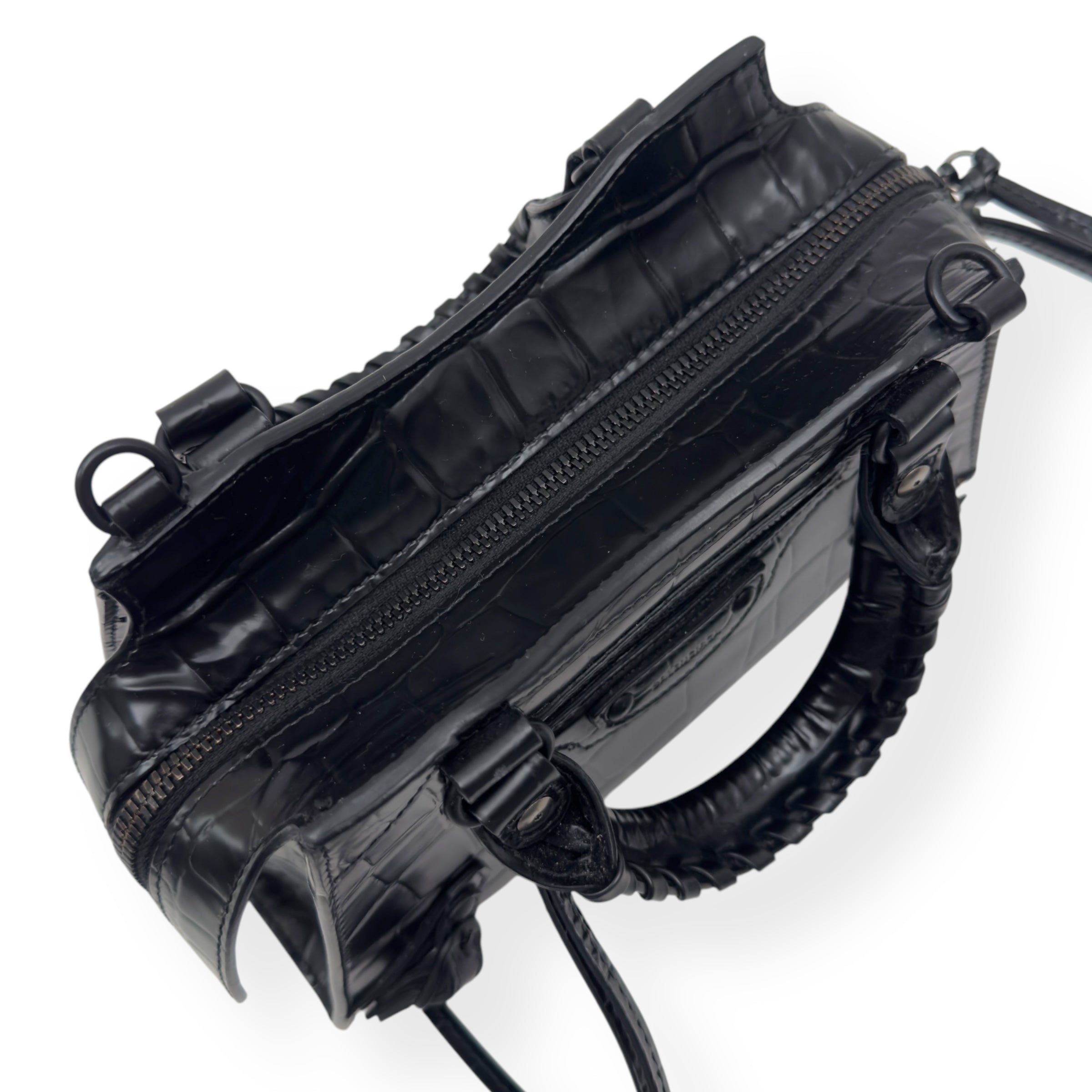 BALENCIAGA NEO CLASSIC CROC EMBOSSED LEATHER SHOULDER BAG BLACK MINI