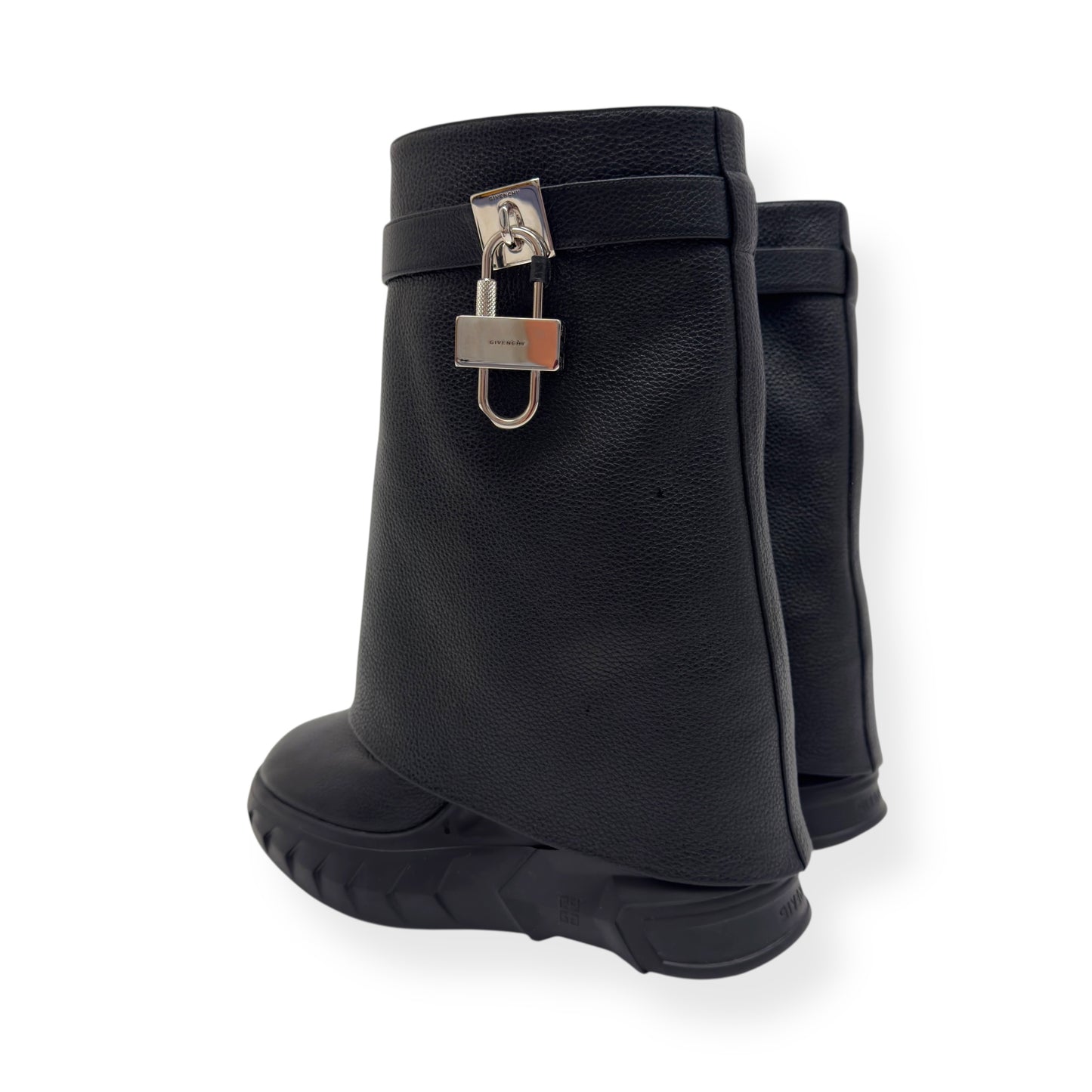 GIVENCHY SHARK LOCK LEATHER HEELED BIKER BOOTS BLACK / SILVER 38 / UK5