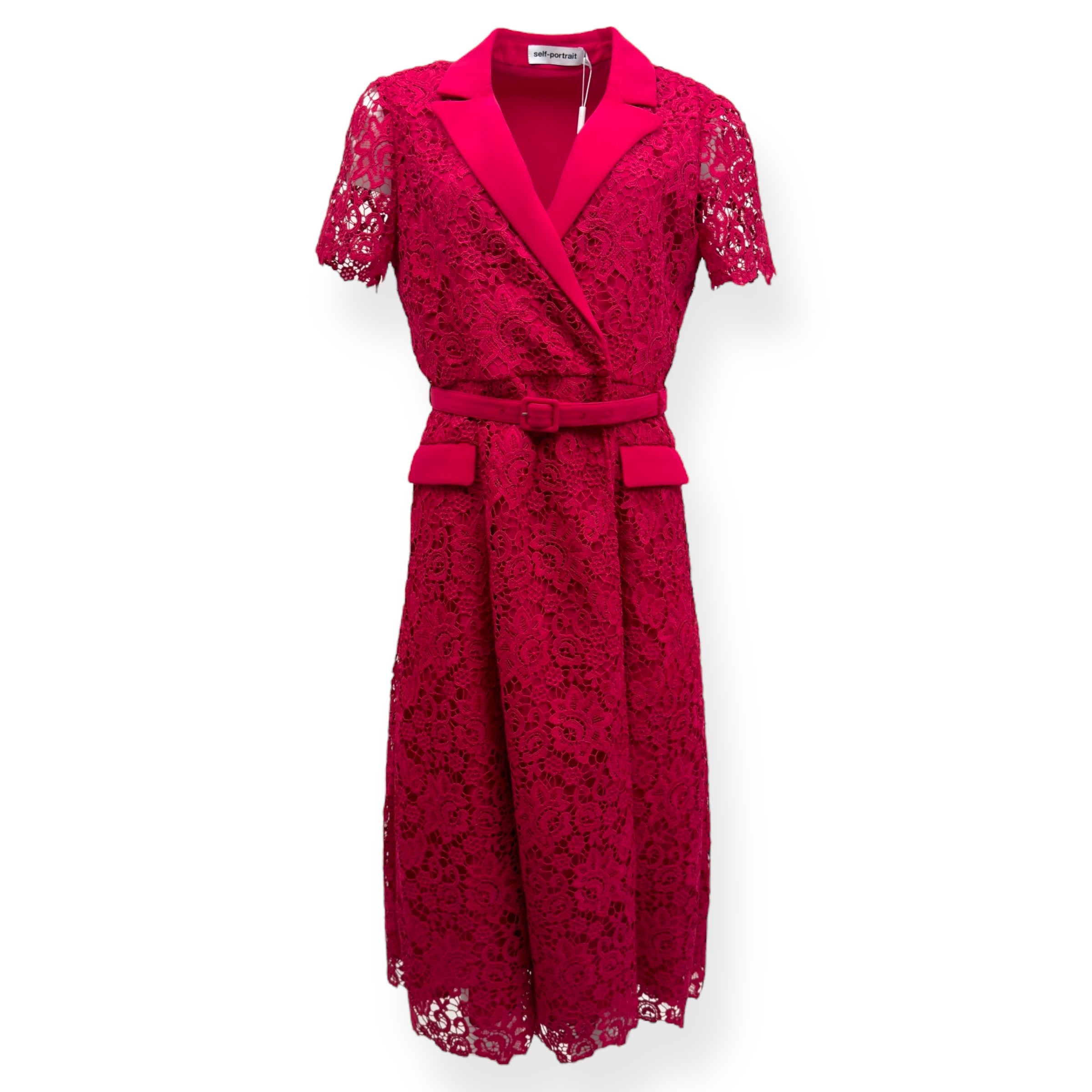SELF-PORTRAIT BELTED CREPE-TRIMMED CORDED LACE MIDI DRESS PINK UK14