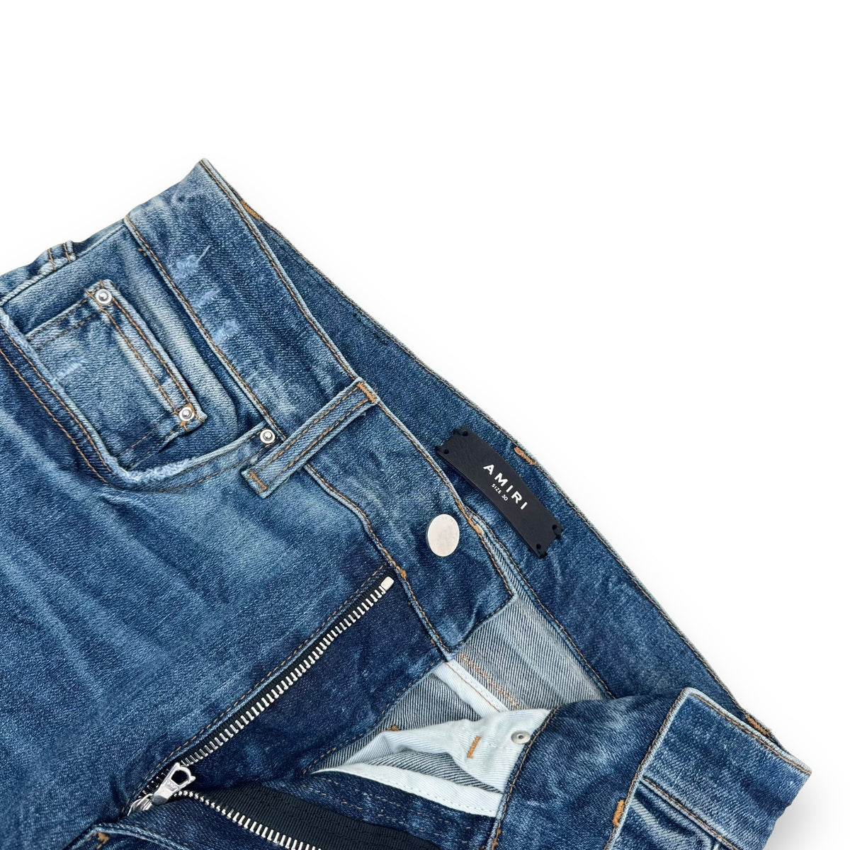 AMIRI MX1 DISTRESSED LEATHER PATCH DENIM JEANS BLUE 30W