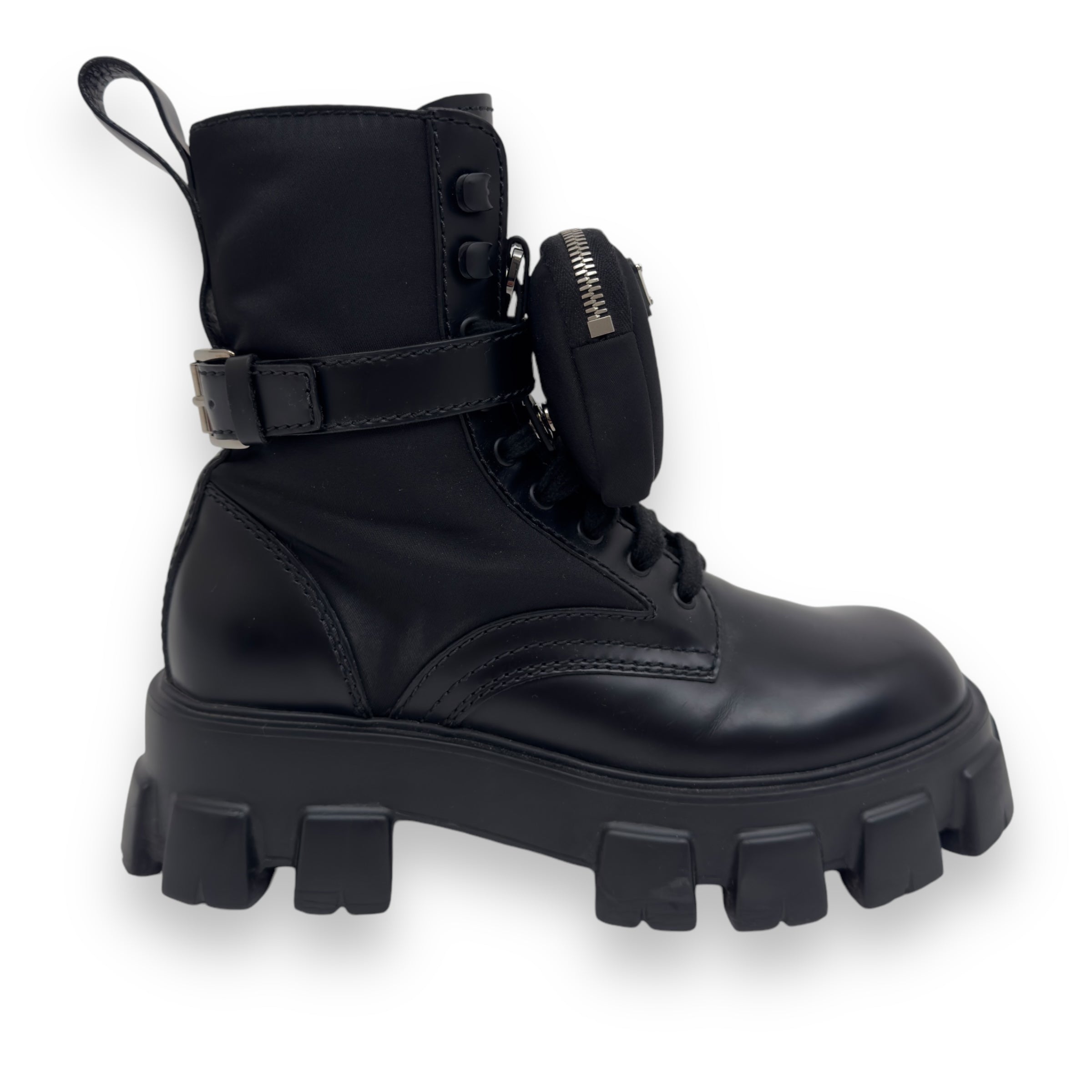 PRADA MONOLITH BRUSHED LEATHER AND RE-NYLON LACE-UP BLACK BOOTS UK6
