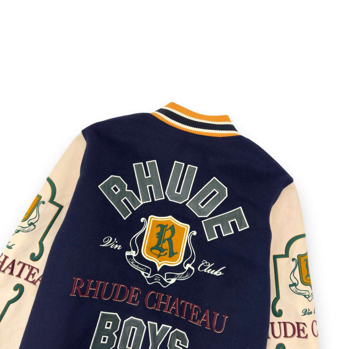 RHUDE WINE CLUB LEATHER / WOOL VARSITY JACKET NAVY / CREAM / MUSTARD XL