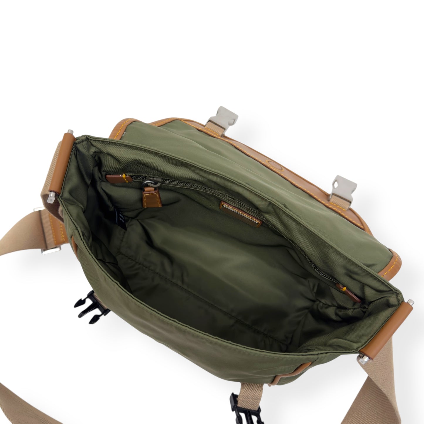 PRADA RE-NYLON AND LEATHER SHOULDER BAG MILITARY GREEN / CARAMEL S