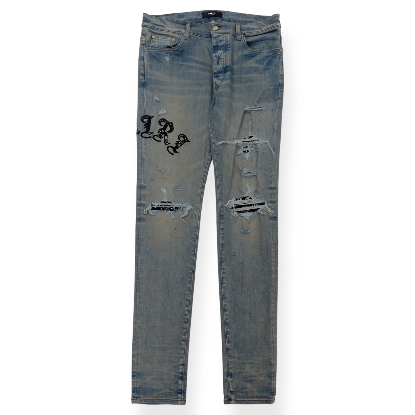 AMIRI SERIF LOGO EMBROIDERED BANDANA SKINNY DENIM JEANS BLUE W34”