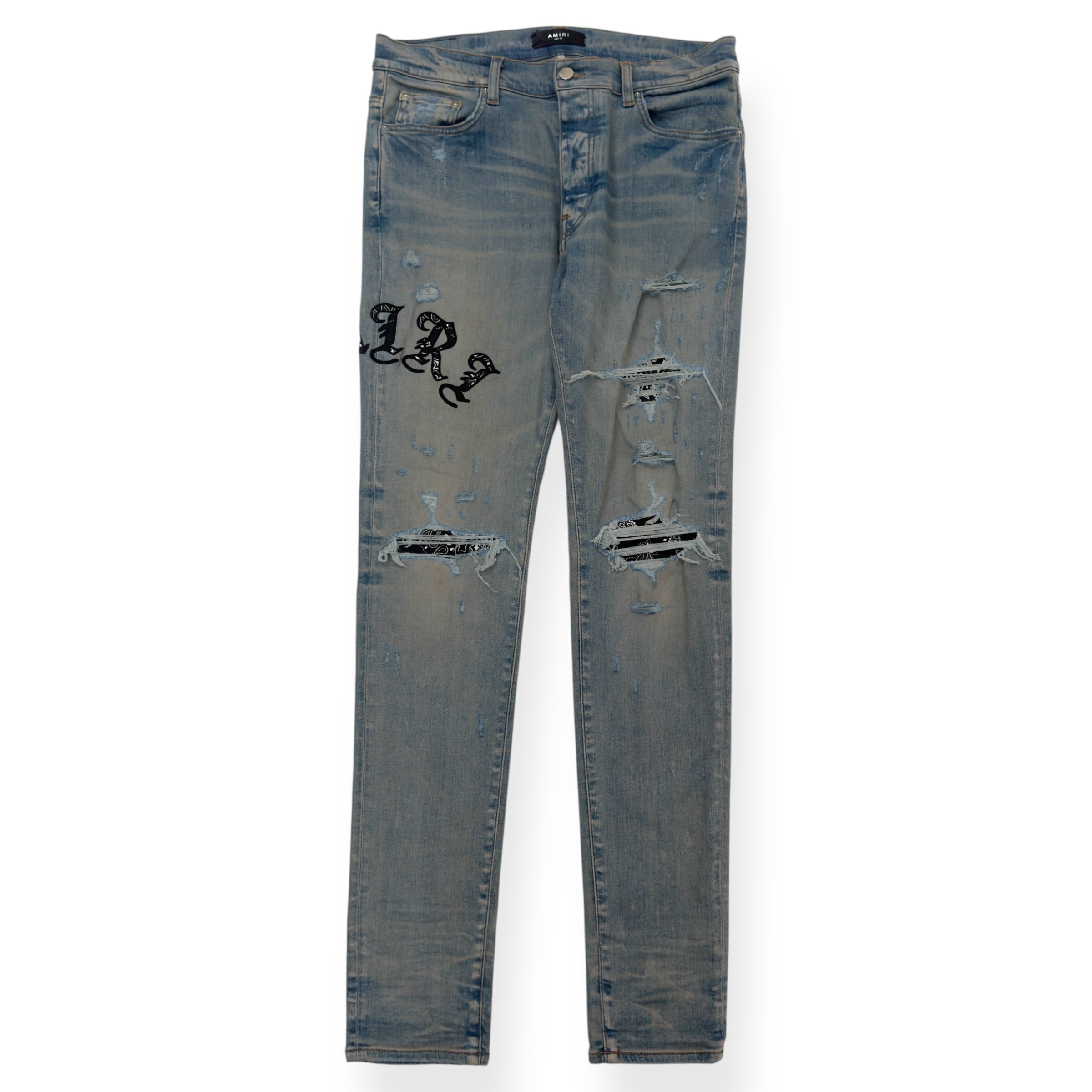 AMIRI SERIF LOGO EMBROIDERED BANDANA SKINNY DENIM JEANS BLUE W34”