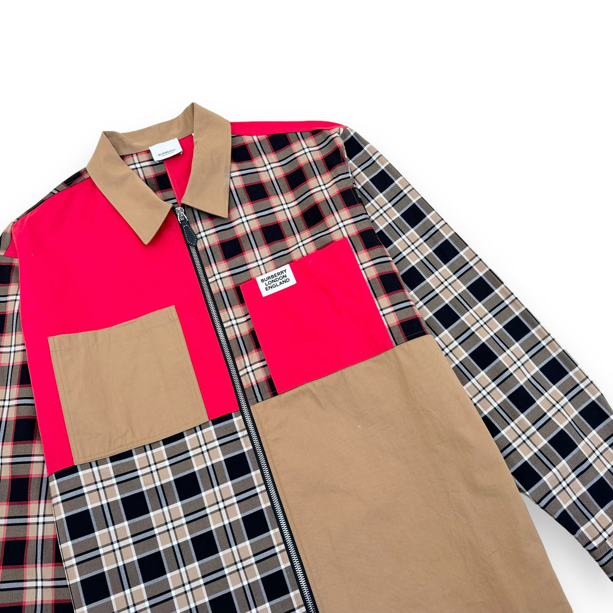 BURBERRY PATCHWORK ZIP-UP OVER SHIRT RED / BEIGE M
