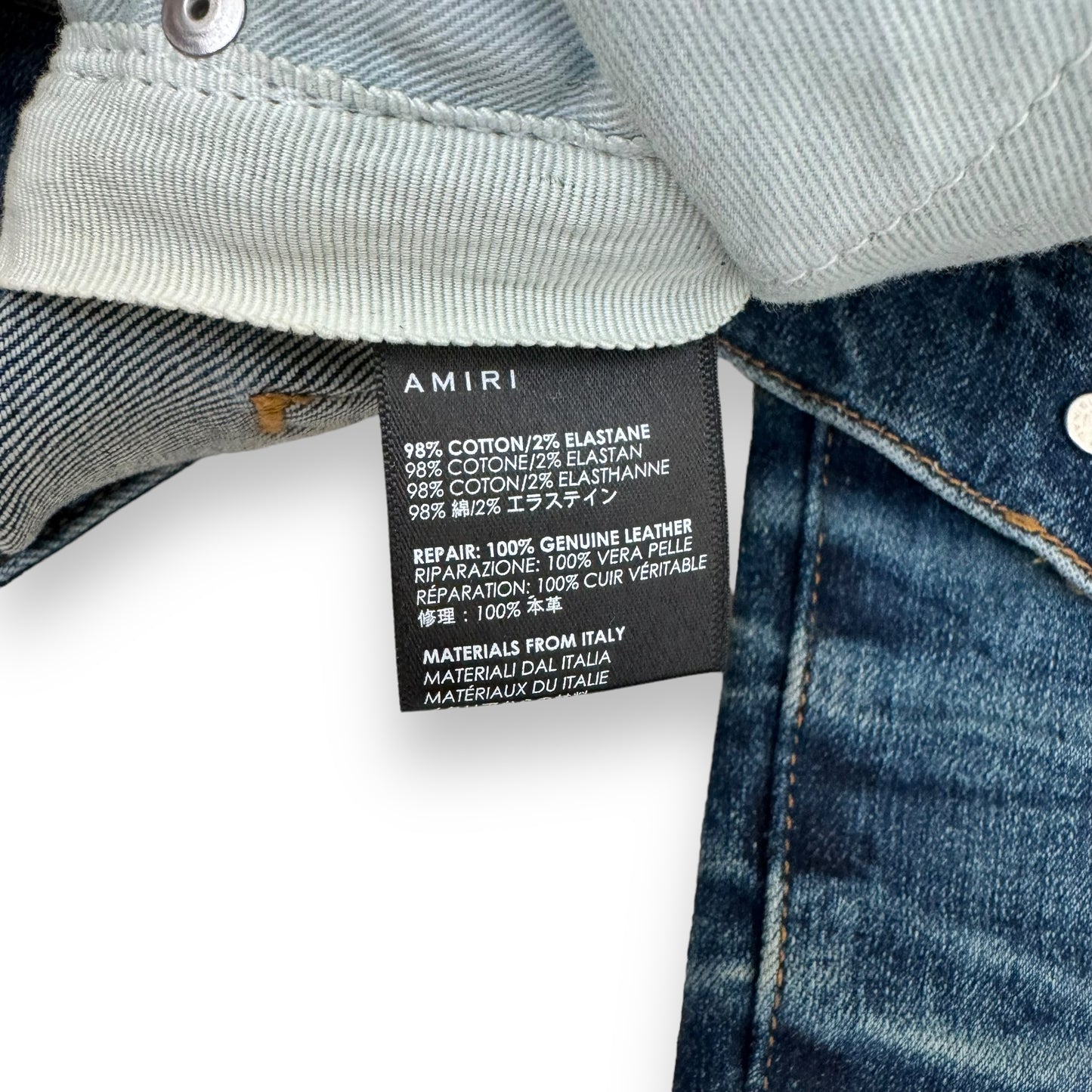AMIRI MX1 DISTRESSED LEATHER PATCH DENIM JEANS BLUE 30W