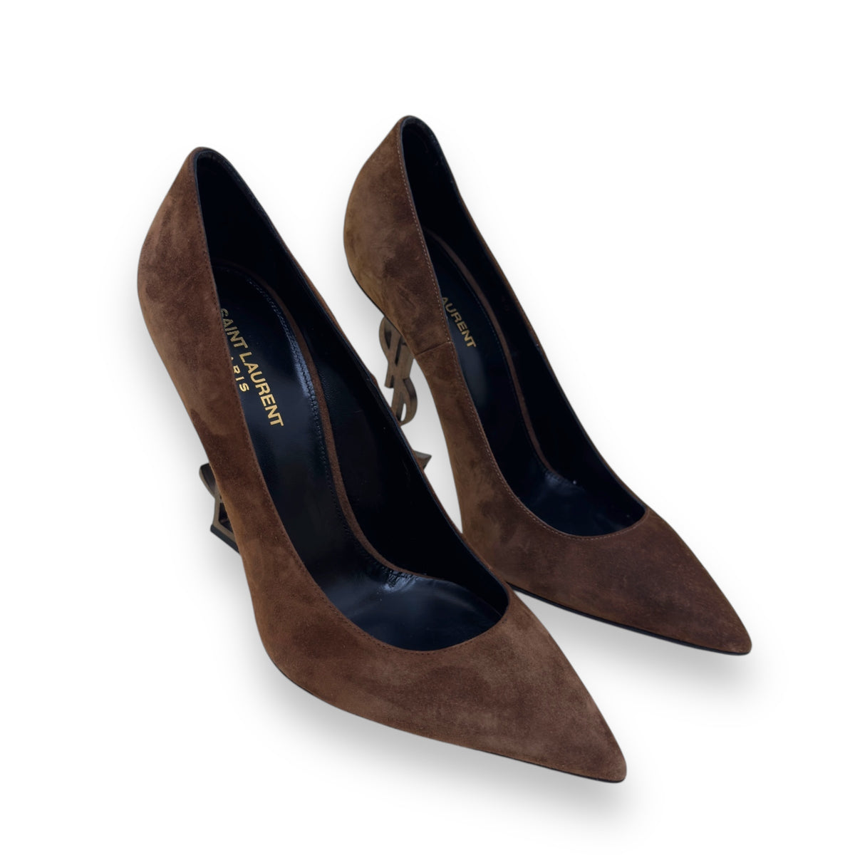 SAINT LAURENT OPYUM 110 YSL SUEDE HEELS CACHEMERE / GOLD EU40 / UK7