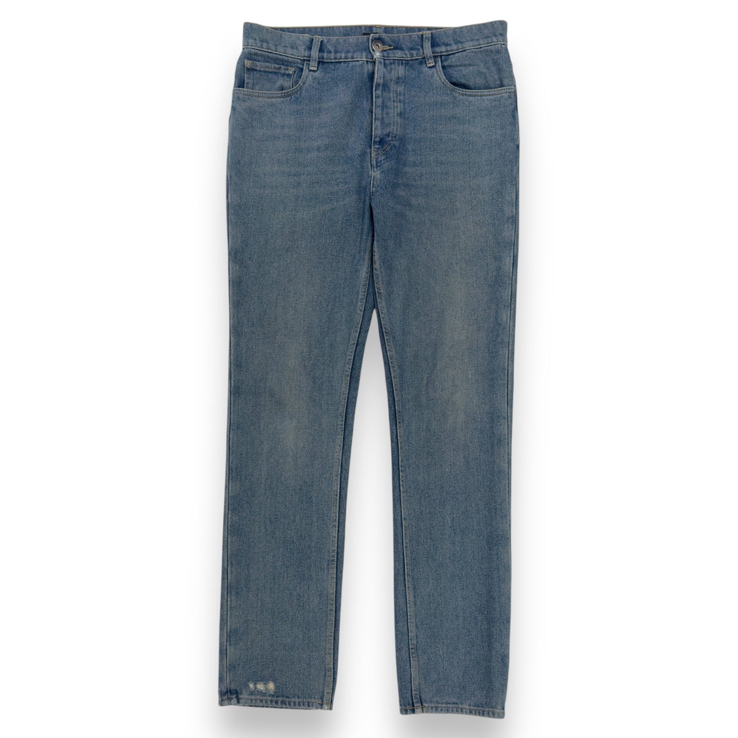 PRADA TRAINGLE-LOGO PLAQUE DISTRESSED DENIM JEANS BLUE W32”