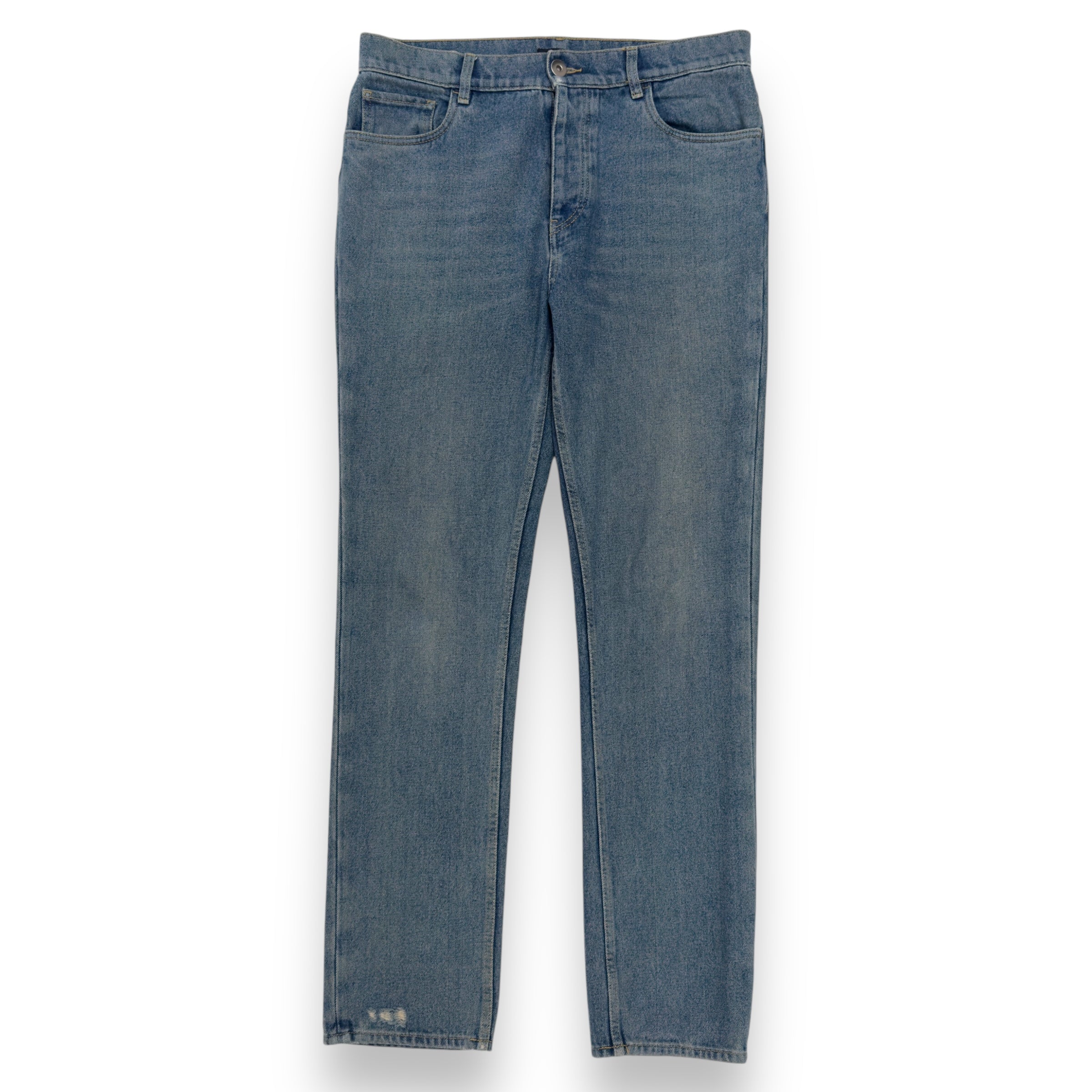 PRADA TRAINGLE-LOGO PLAQUE DISTRESSED DENIM JEANS BLUE W32”
