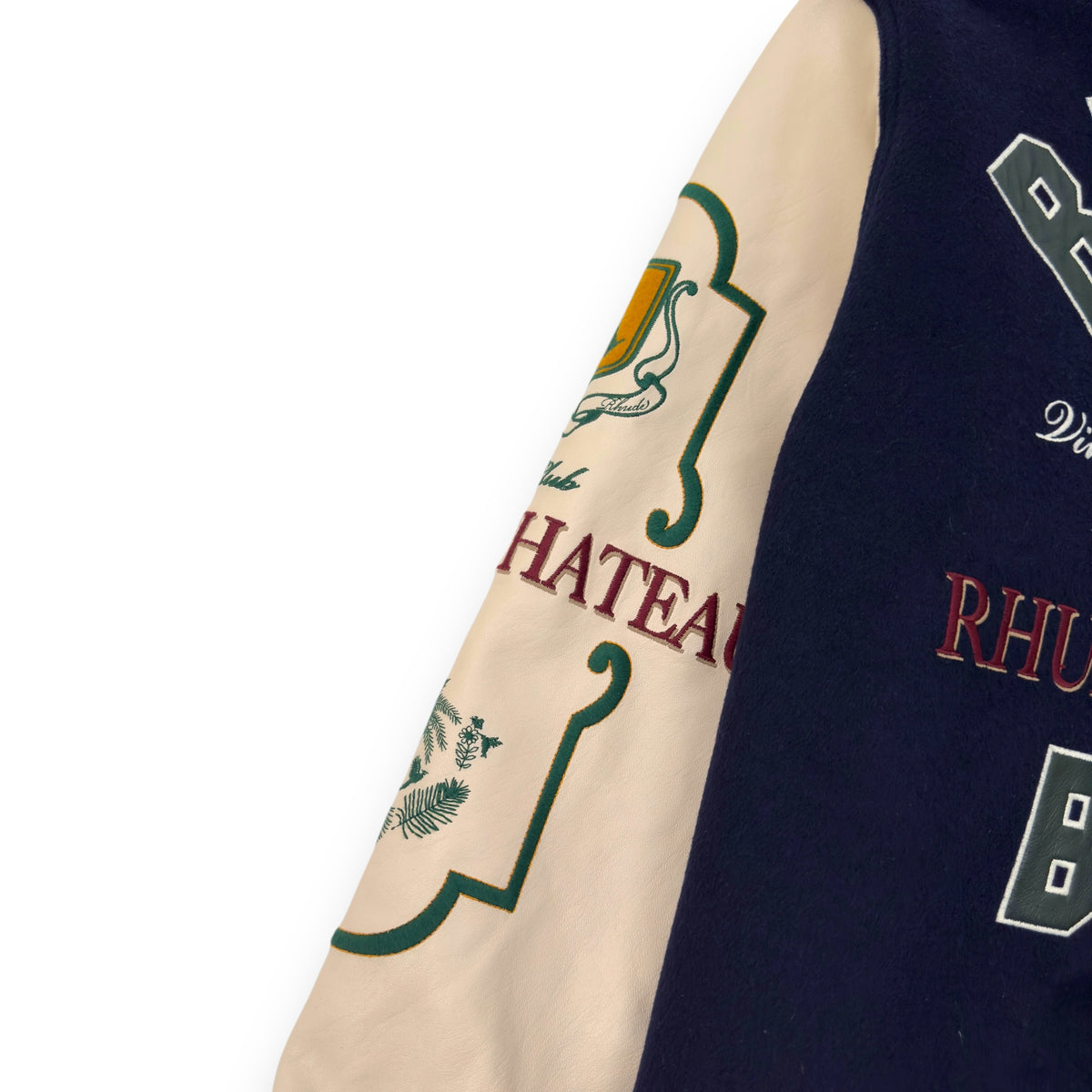 RHUDE WINE CLUB LEATHER / WOOL VARSITY JACKET NAVY / CREAM / MUSTARD XL