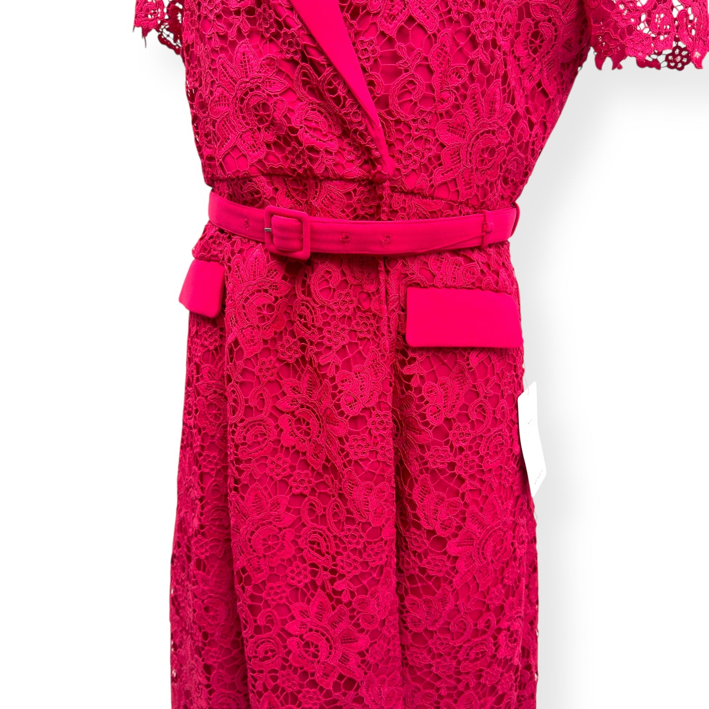 SELF-PORTRAIT BELTED CREPE-TRIMMED CORDED LACE MIDI DRESS PINK UK14