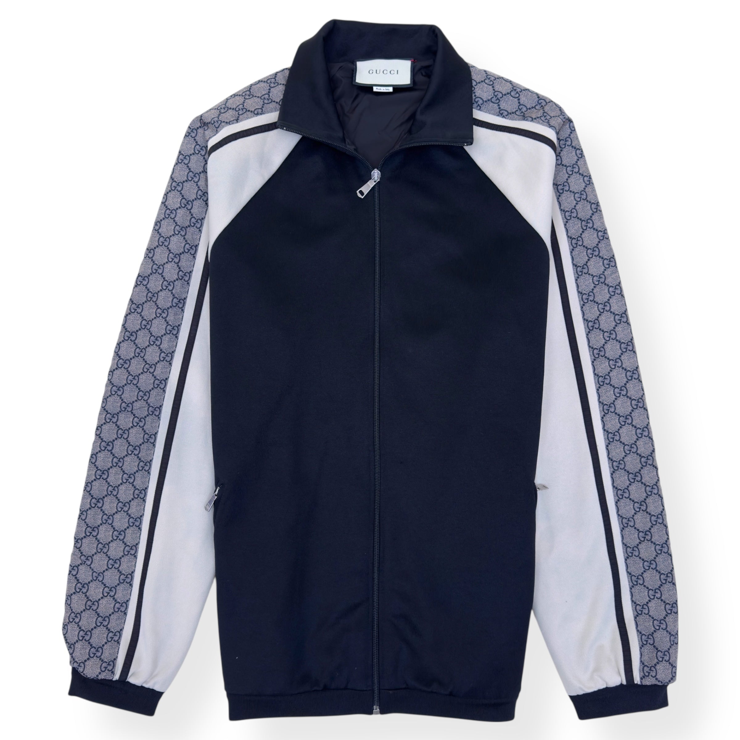 GUCCI OVERSIZE TECHNICAL JERSEY ZIP TRACK JACKET BLACK / WHITE S