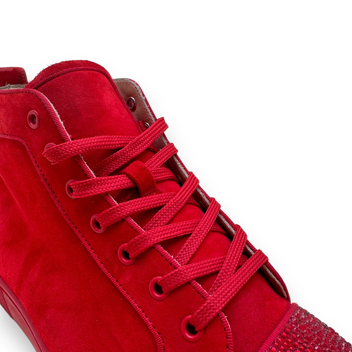 CHRISTIAN LOUBOUTIN VEAU VELOUR STRASS HIGH TOP SNEAKER RED UK9