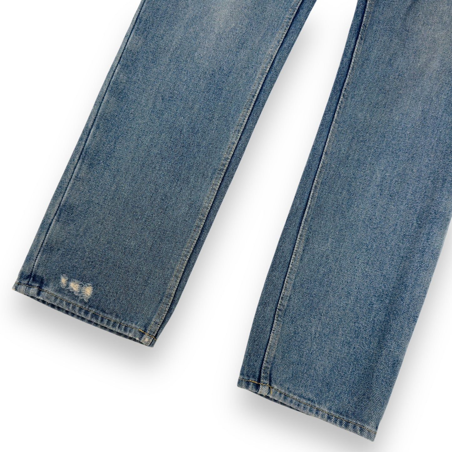 PRADA TRAINGLE-LOGO PLAQUE DISTRESSED DENIM JEANS BLUE W32”