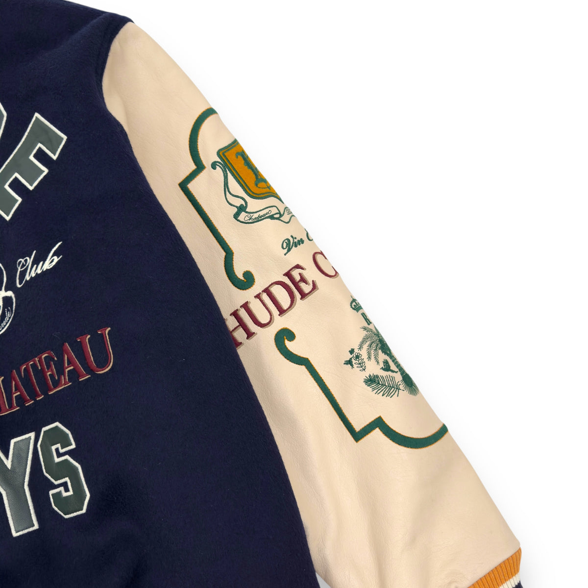 RHUDE WINE CLUB LEATHER / WOOL VARSITY JACKET NAVY / CREAM / MUSTARD XL