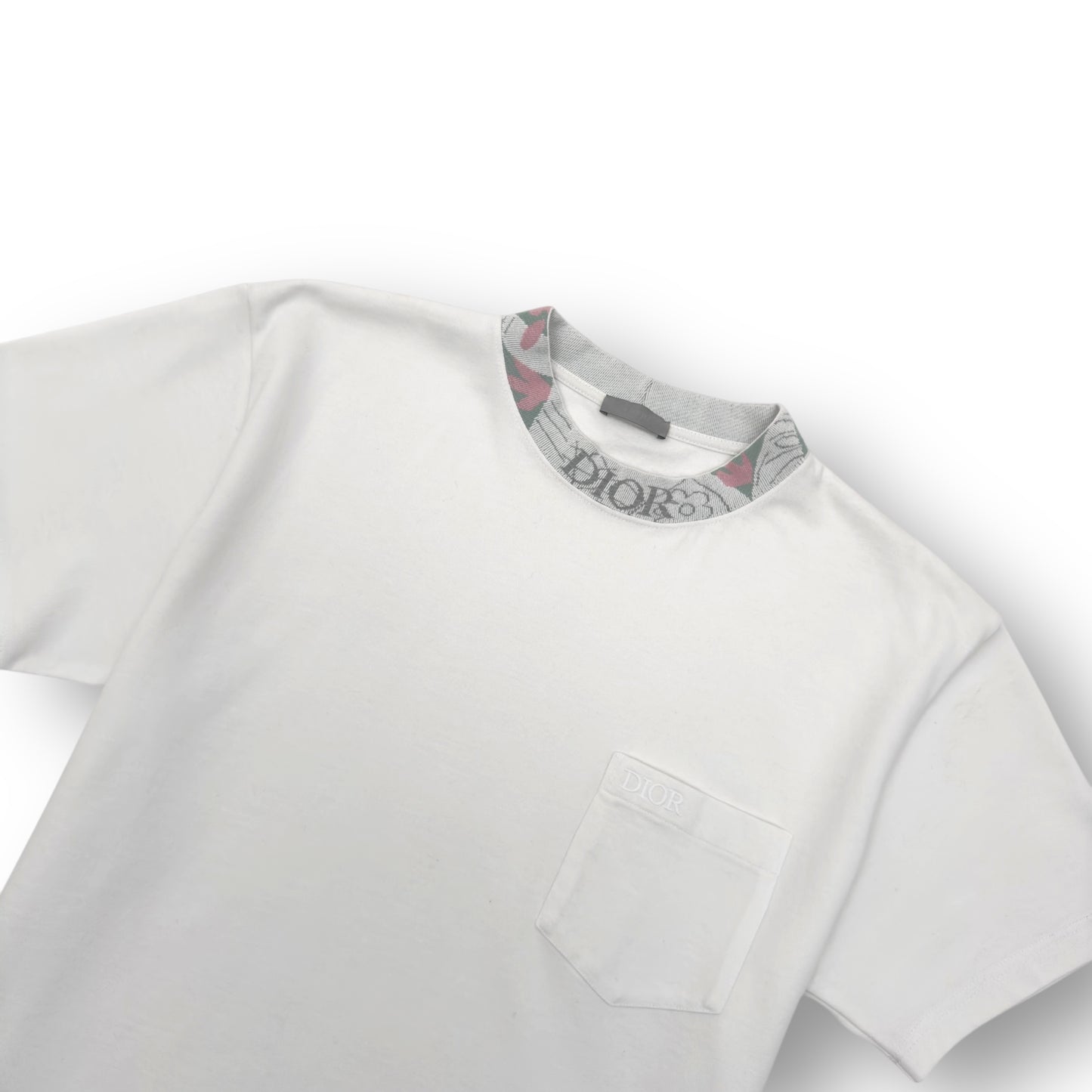 DIOR EMBROIDERED LOGO MOTIF NECK COTTON T-SHIRT L