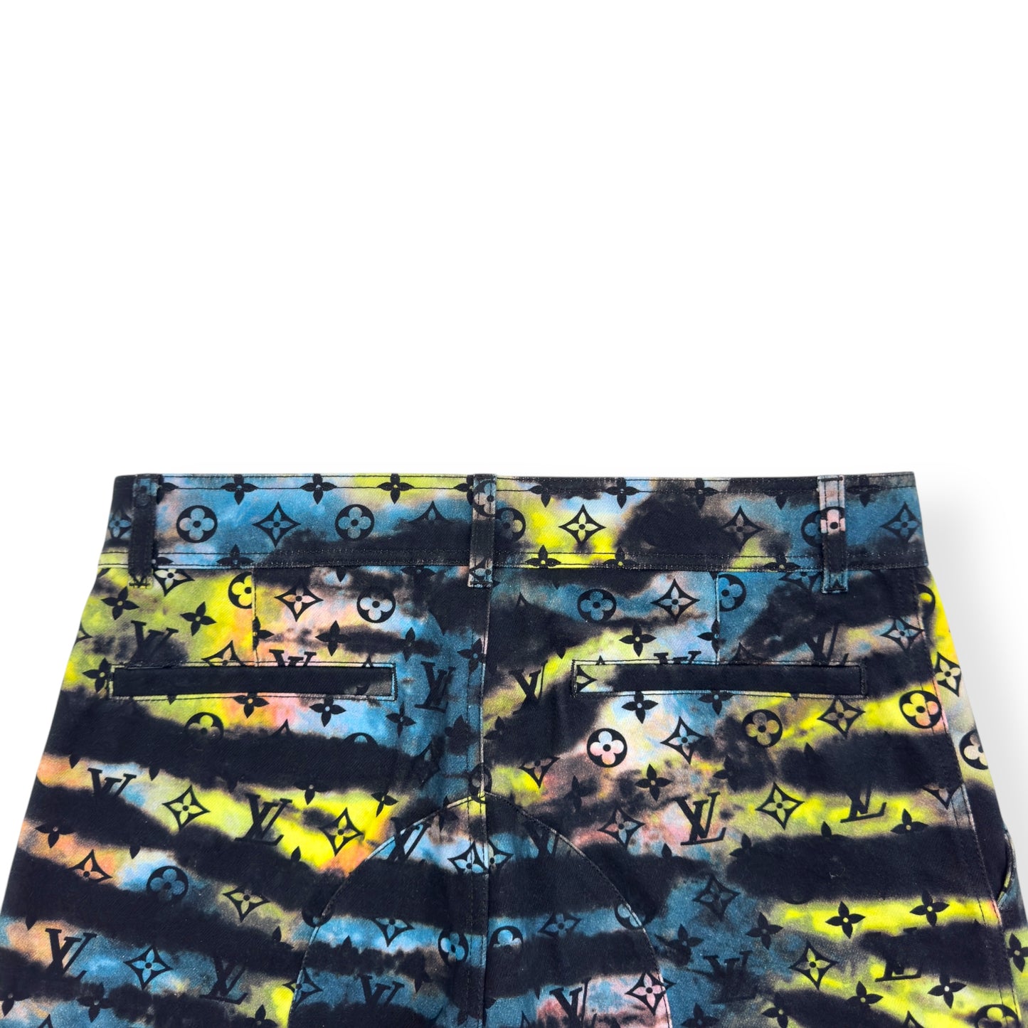 LOUIS VUITTON MONOGRAM TIE-DYE DENIM CARGO TROUSERS MULTICOLOURED W32”