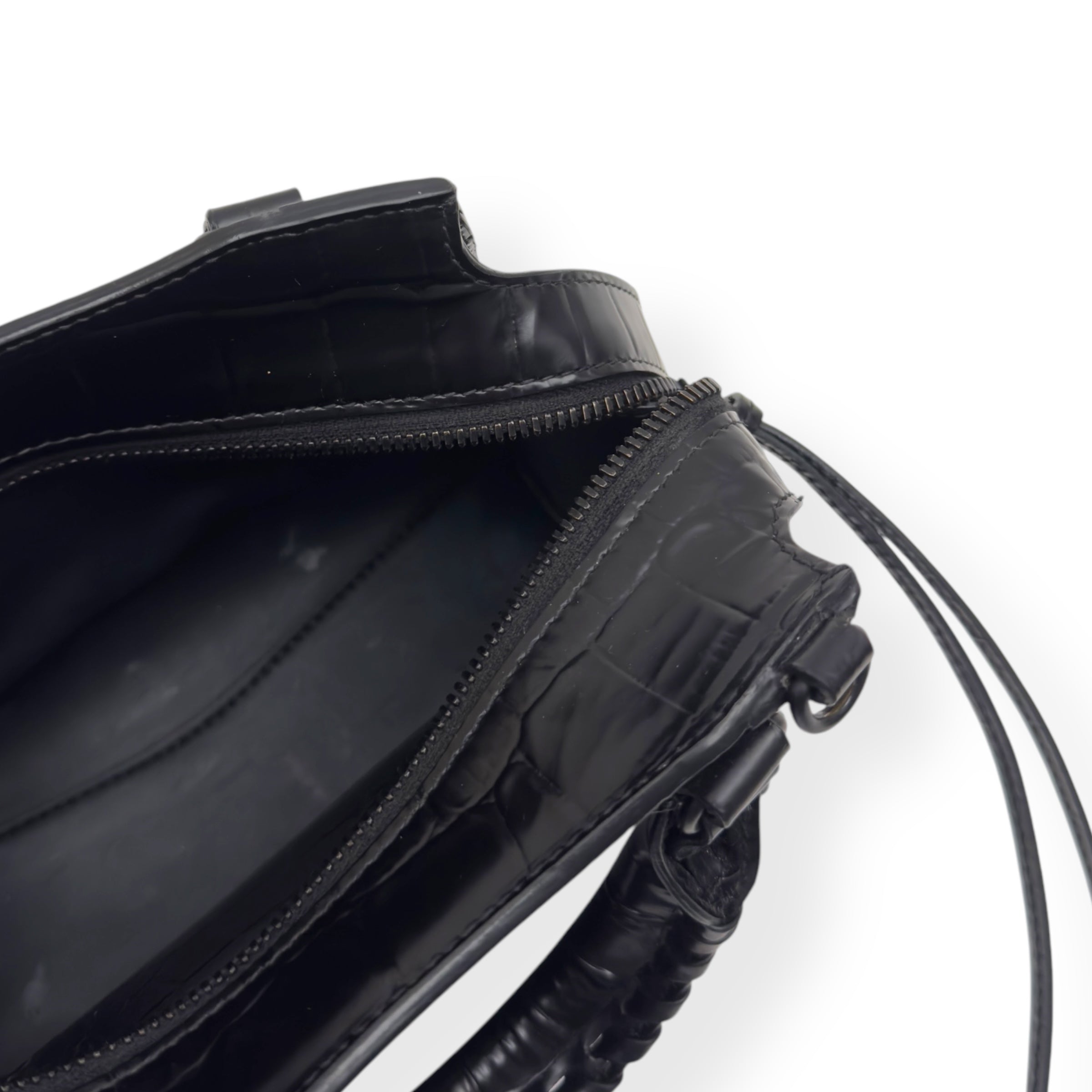 BALENCIAGA NEO CLASSIC CROC EMBOSSED LEATHER SHOULDER BAG BLACK MINI