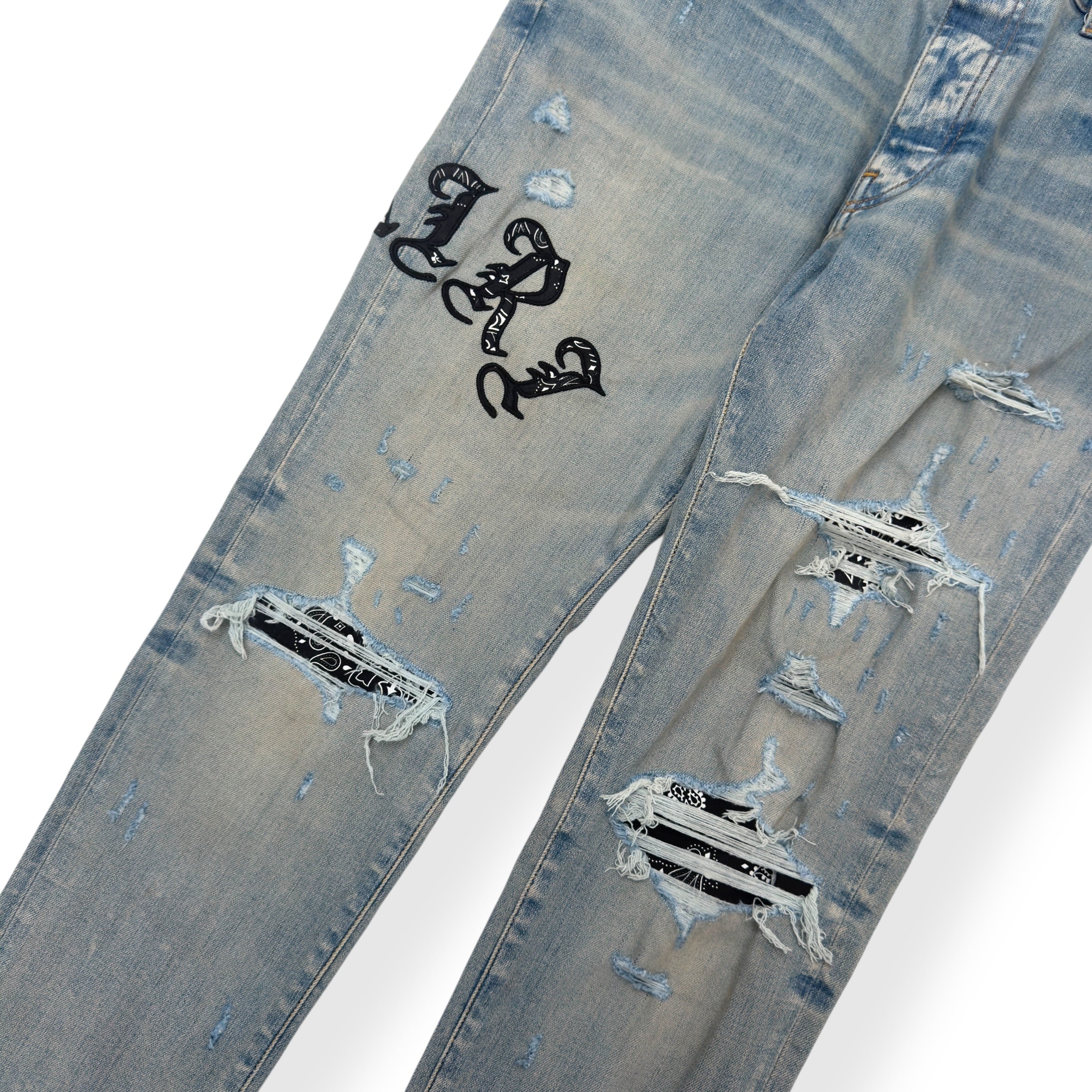AMIRI SERIF LOGO EMBROIDERED BANDANA SKINNY DENIM JEANS BLUE W34”
