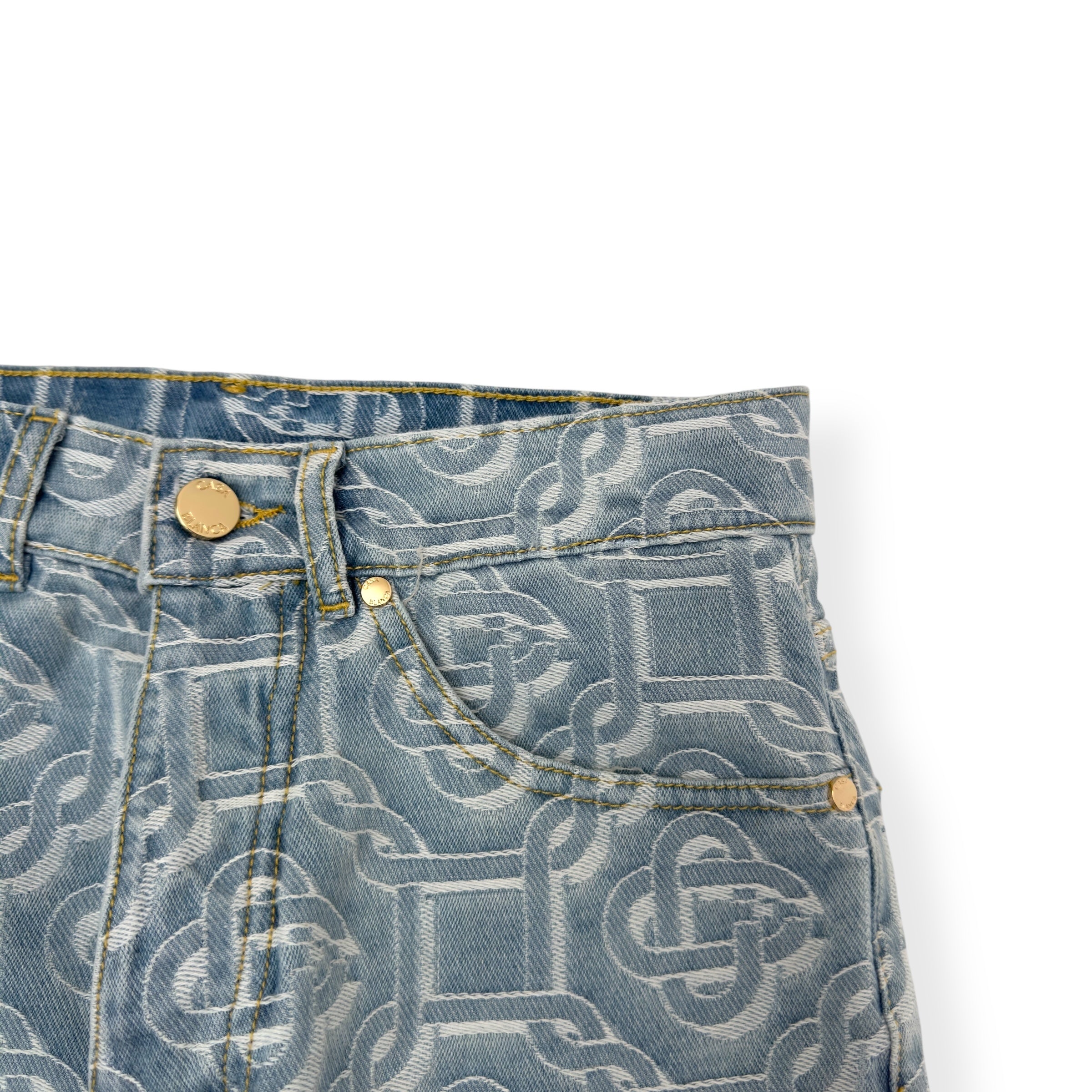 CASABLANCA BLEACHED MONOGRAM STRAIGHT-LEG DENIM JEANS BLUE W26”