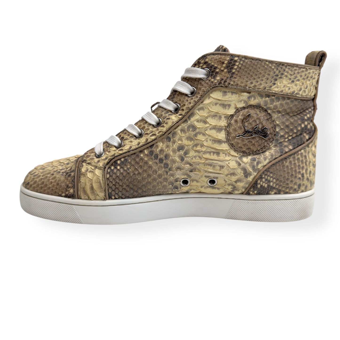 CHRISTIAN LOUBOUTIN LOUIS FLAT PYTHON ROCCIA HIGH TOP SNEAKER BEIGE 42 / UK8
