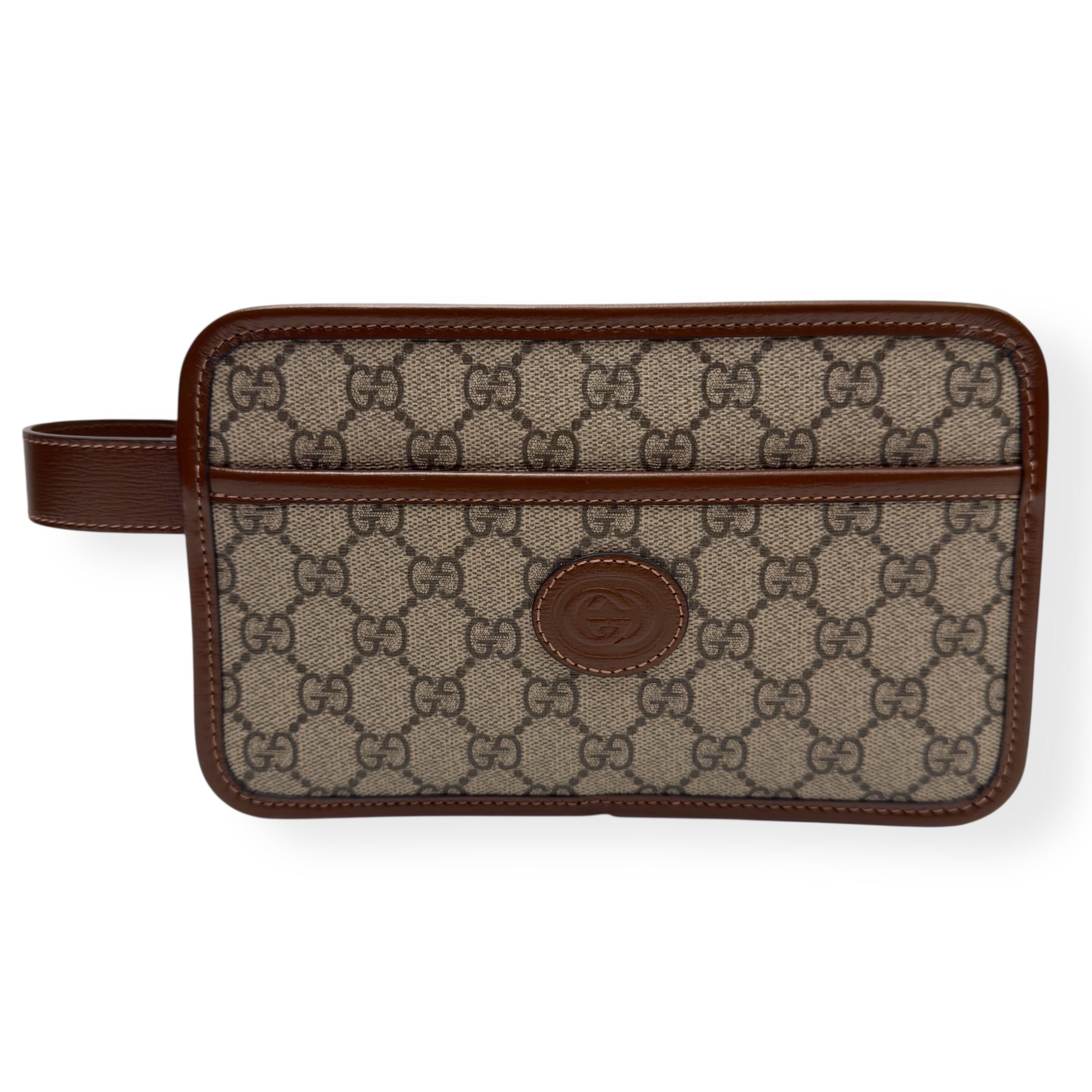 GUCCI GG INTERLOCKING G TRAVEL POUCH BROWN S