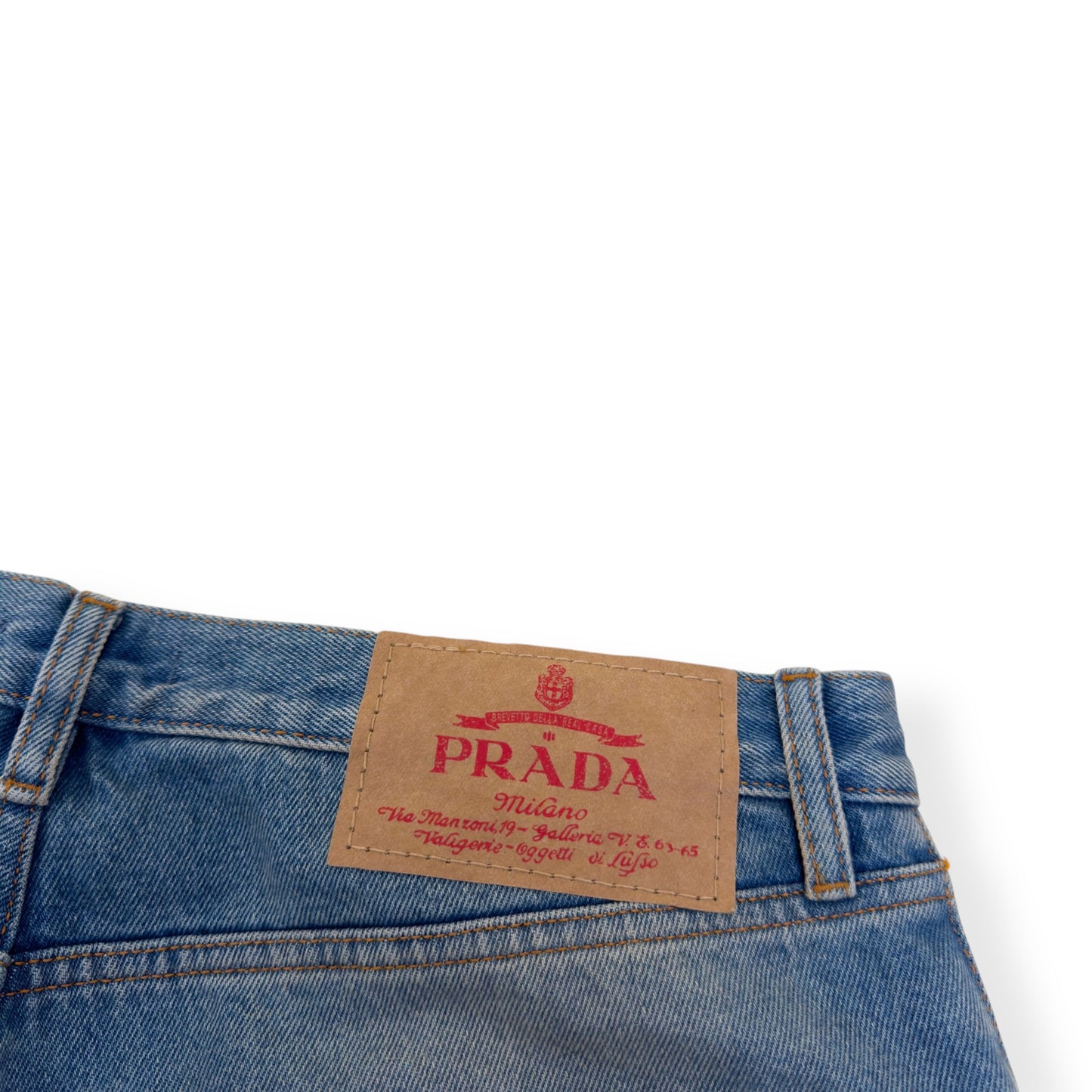 PRADA PLAQUE-LOGO WASHED DENIM JEANS BLUE W34”