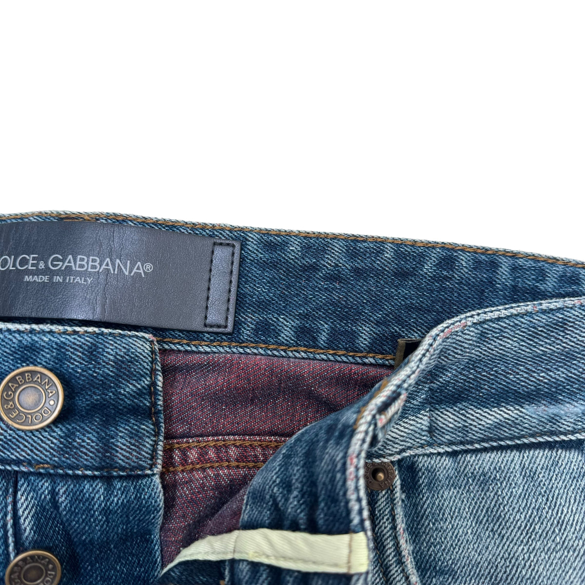 DOLCE & GABBANA DISTRESSED PATCH DENIM JEANS BLUE / RED L
