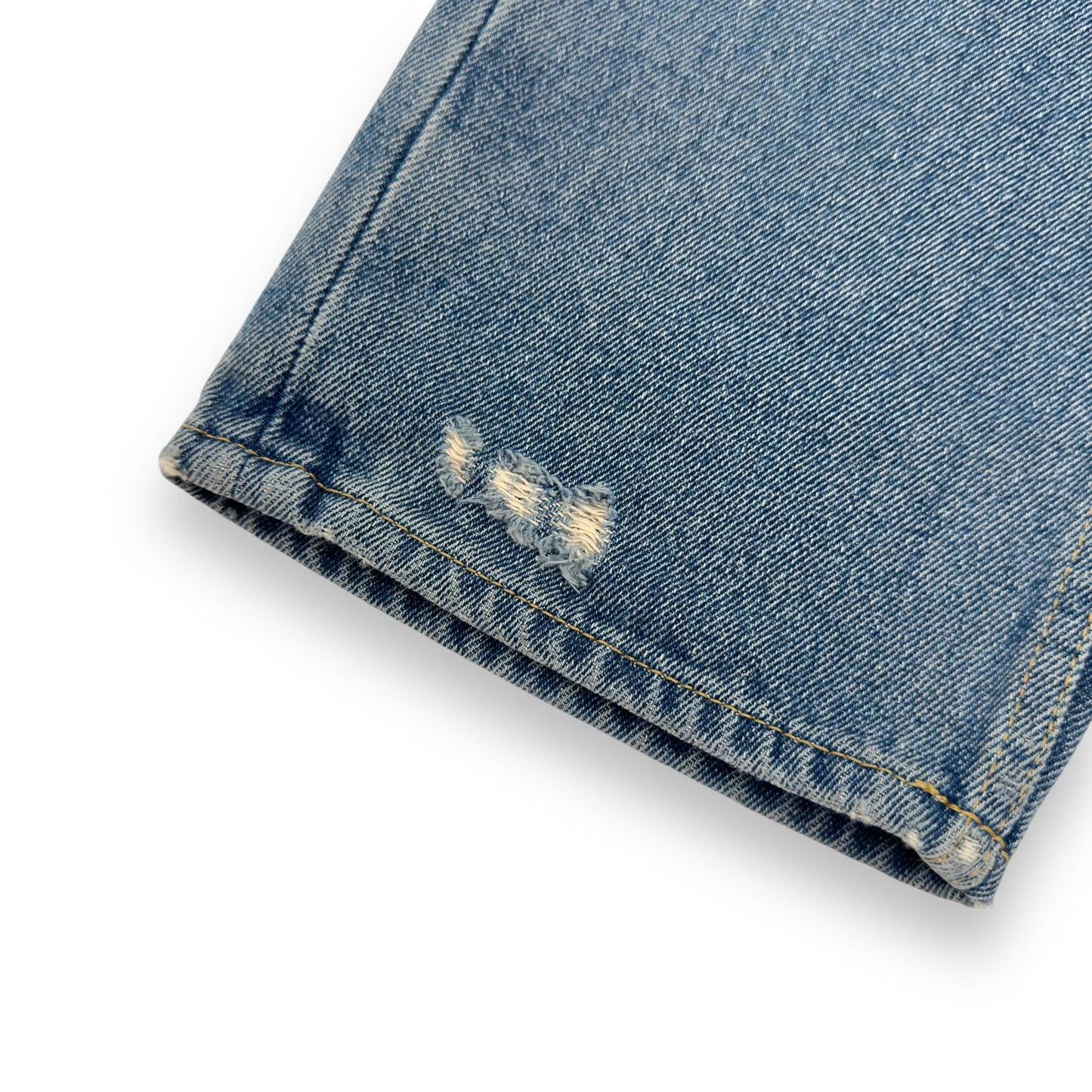 PRADA TRAINGLE-LOGO PLAQUE DISTRESSED DENIM JEANS BLUE W32”