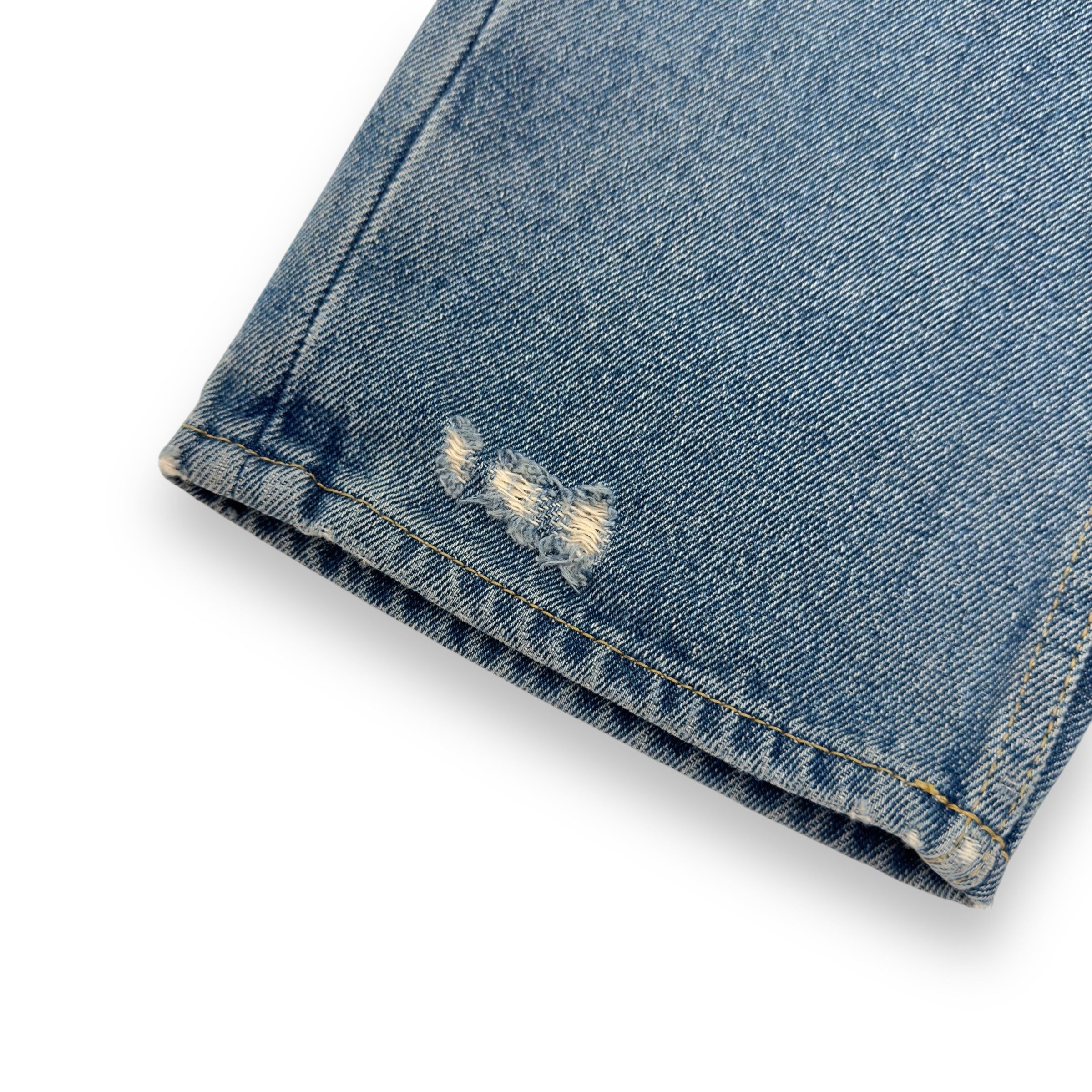 PRADA TRAINGLE-LOGO PLAQUE DISTRESSED DENIM JEANS BLUE W32”