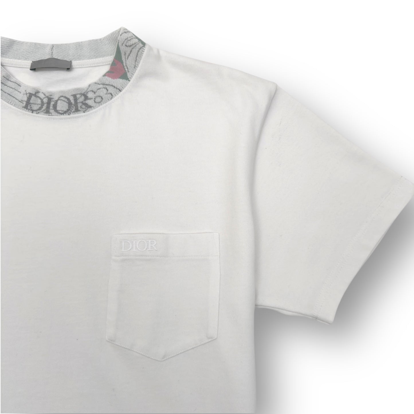 DIOR EMBROIDERED LOGO MOTIF NECK COTTON T-SHIRT L