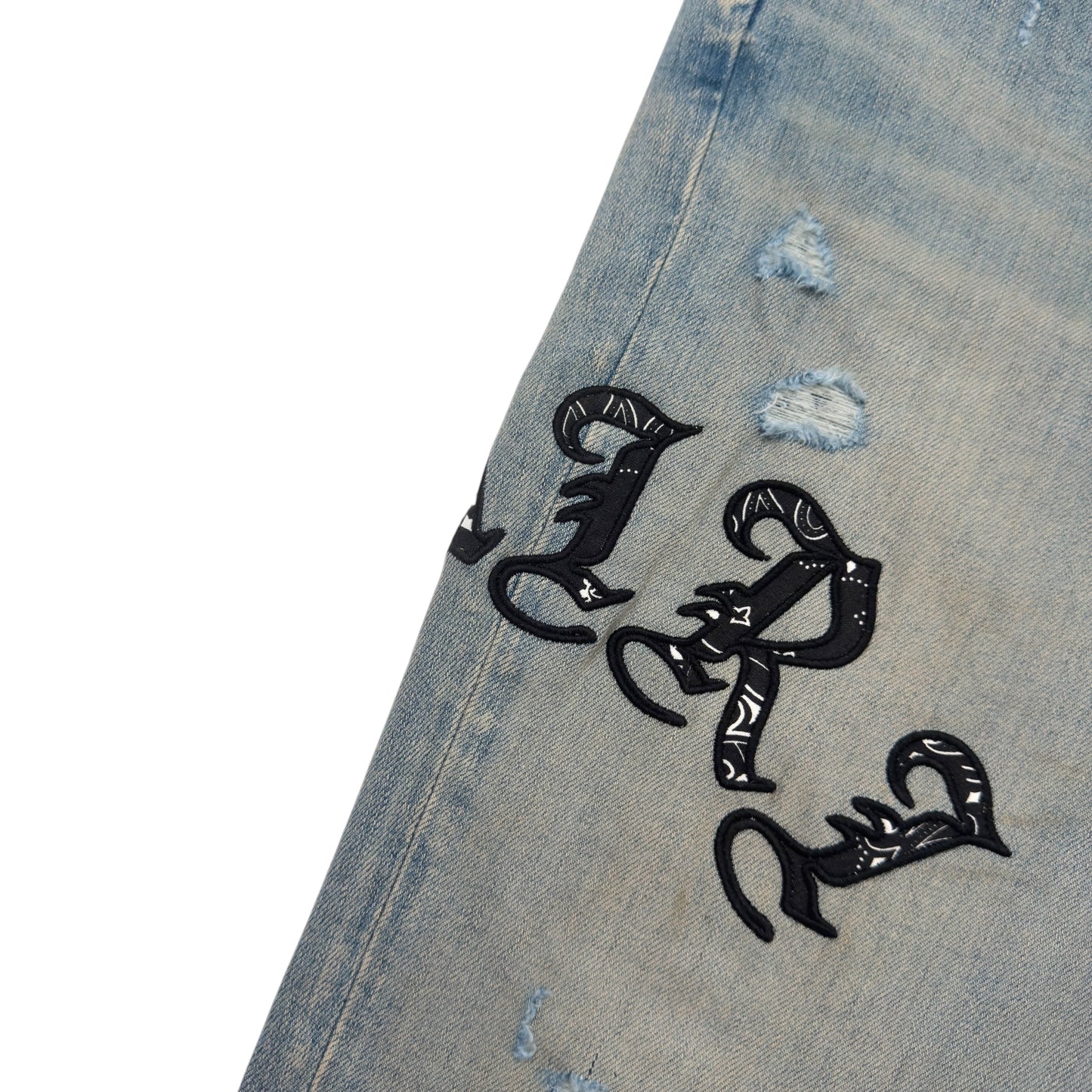 AMIRI SERIF LOGO EMBROIDERED BANDANA SKINNY DENIM JEANS BLUE W34”