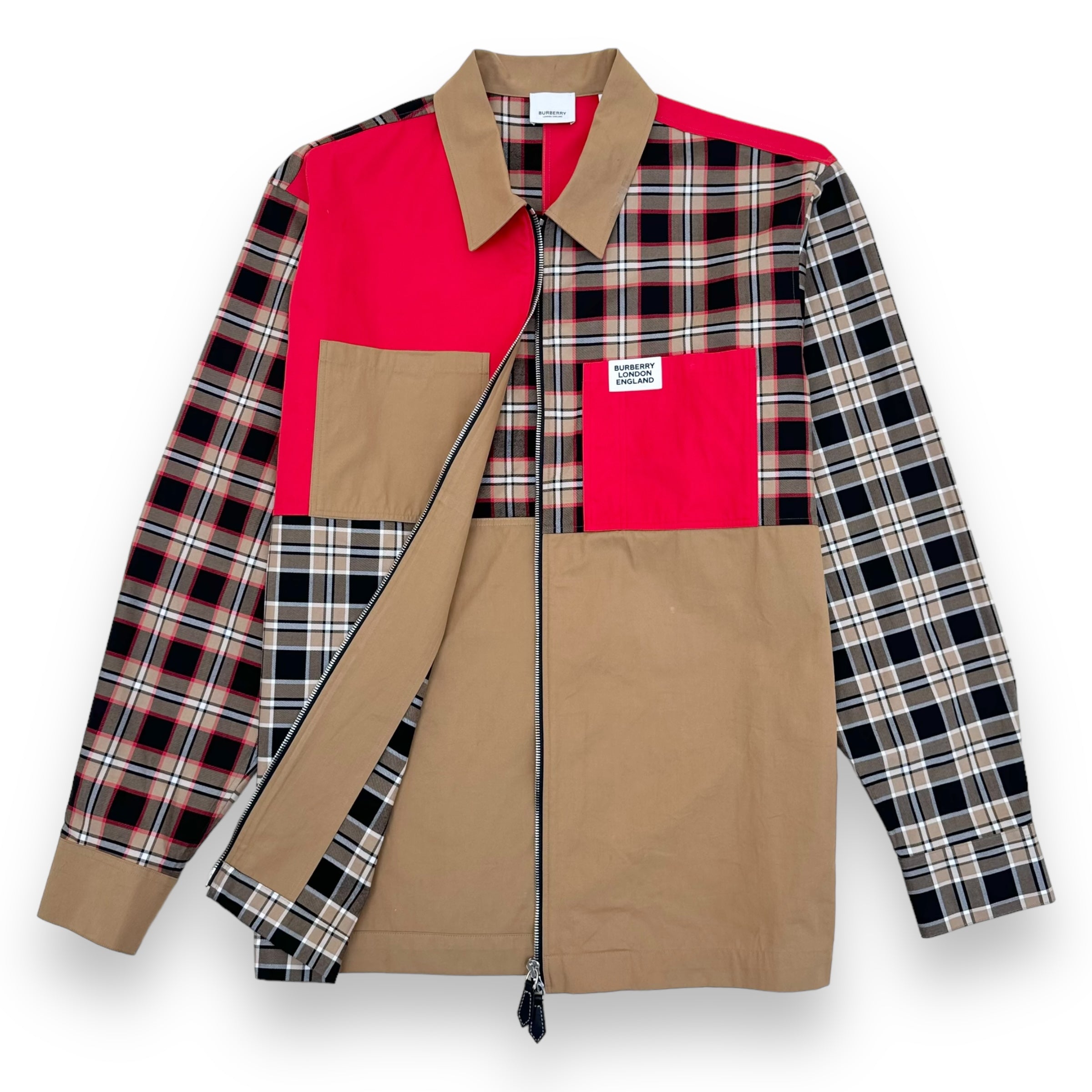 BURBERRY PATCHWORK ZIP-UP OVER SHIRT RED / BEIGE M