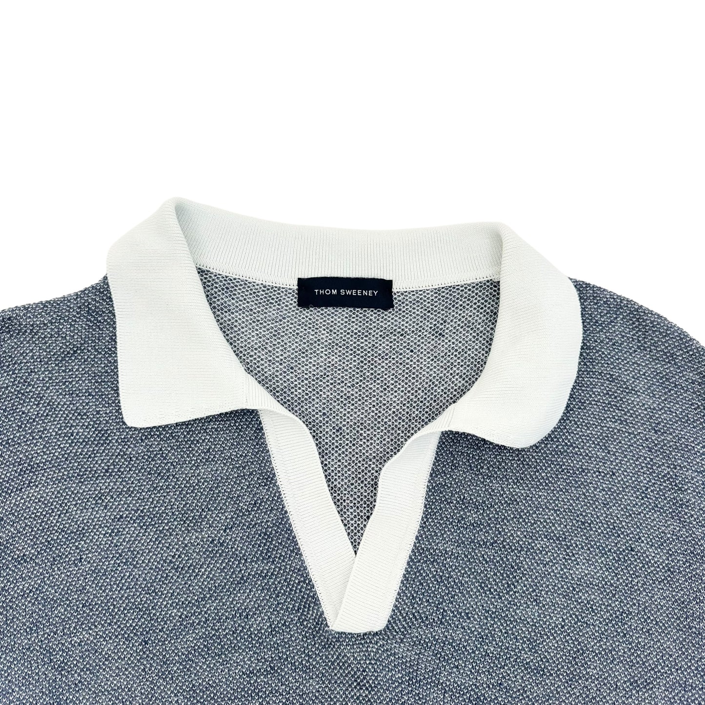 THOM SWEENEY COTTON / LINEN CONTRAST KNITTED POLO SHIRT BLUE / WHITE M