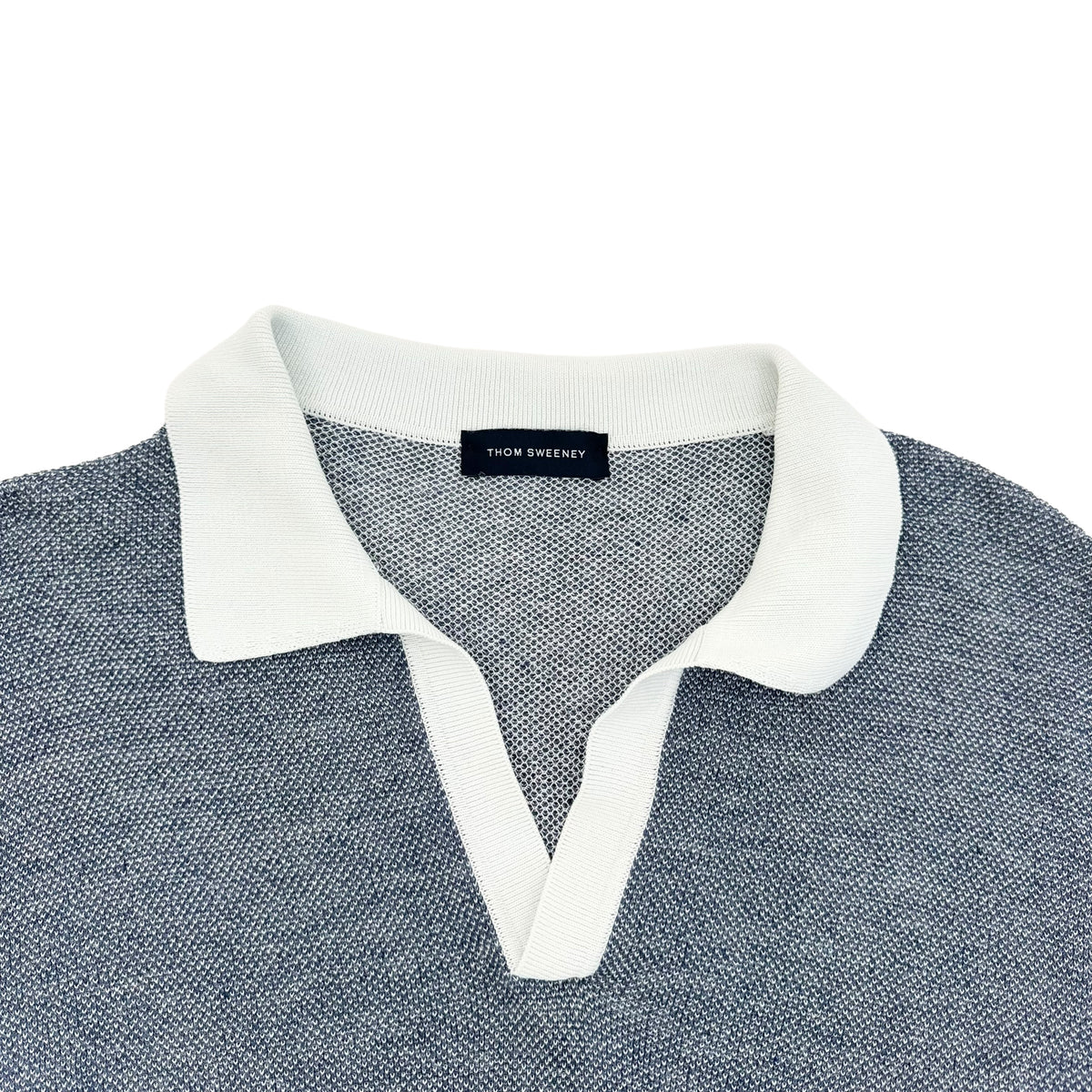 THOM SWEENEY COTTON / LINEN CONTRAST KNITTED POLO SHIRT BLUE / WHITE M