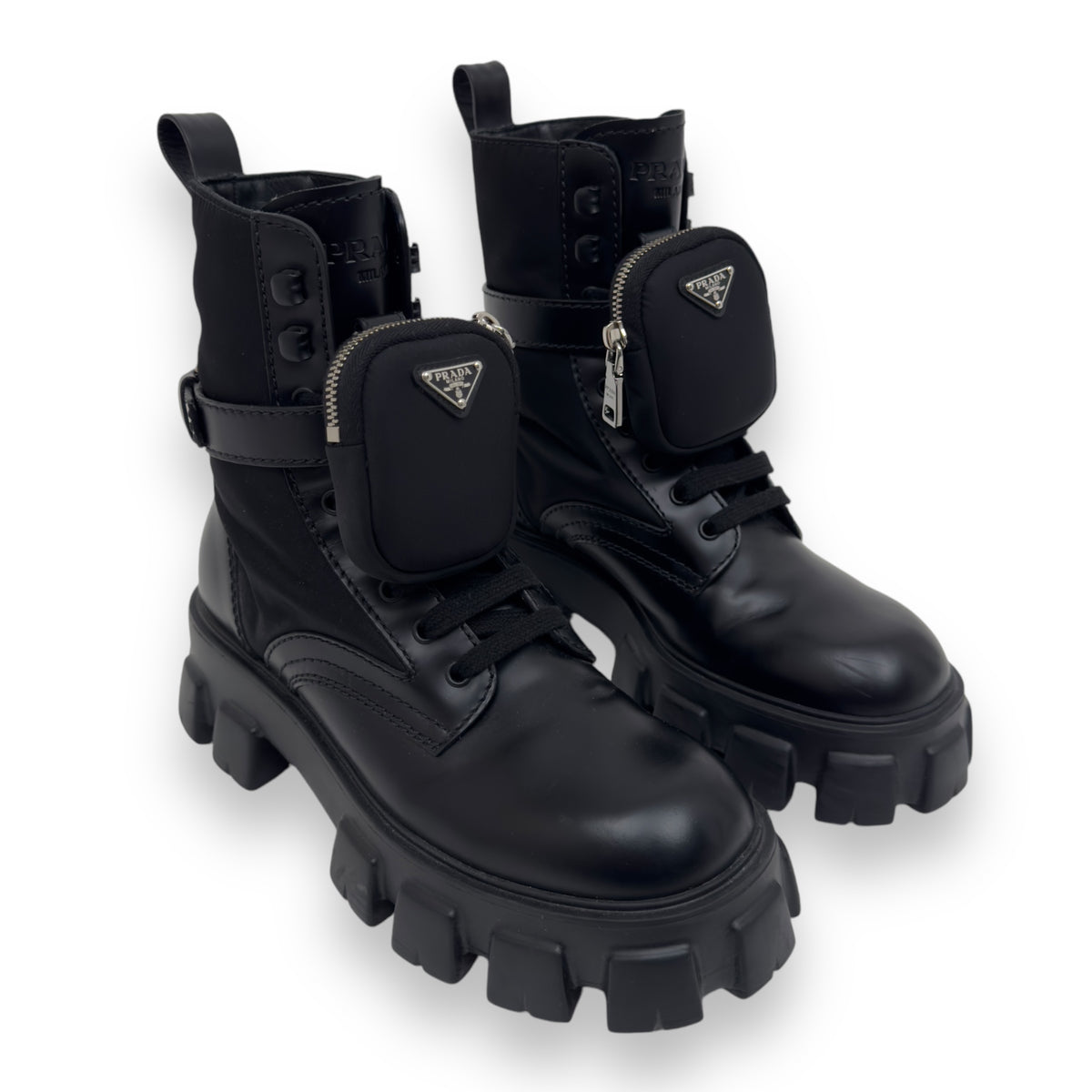 PRADA MONOLITH BRUSHED LEATHER AND RE-NYLON LACE-UP BLACK BOOTS UK6