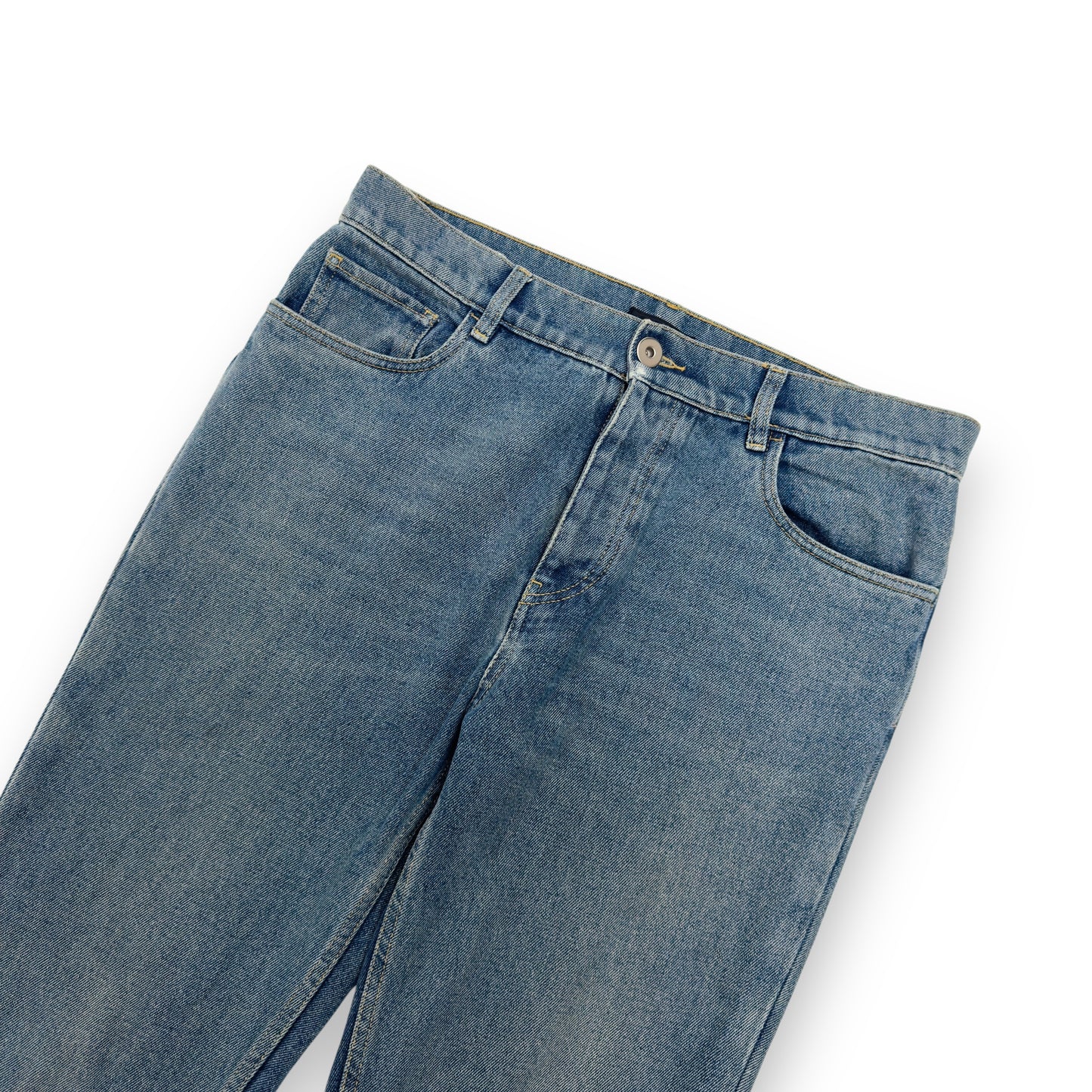 PRADA TRAINGLE-LOGO PLAQUE DISTRESSED DENIM JEANS BLUE W32”