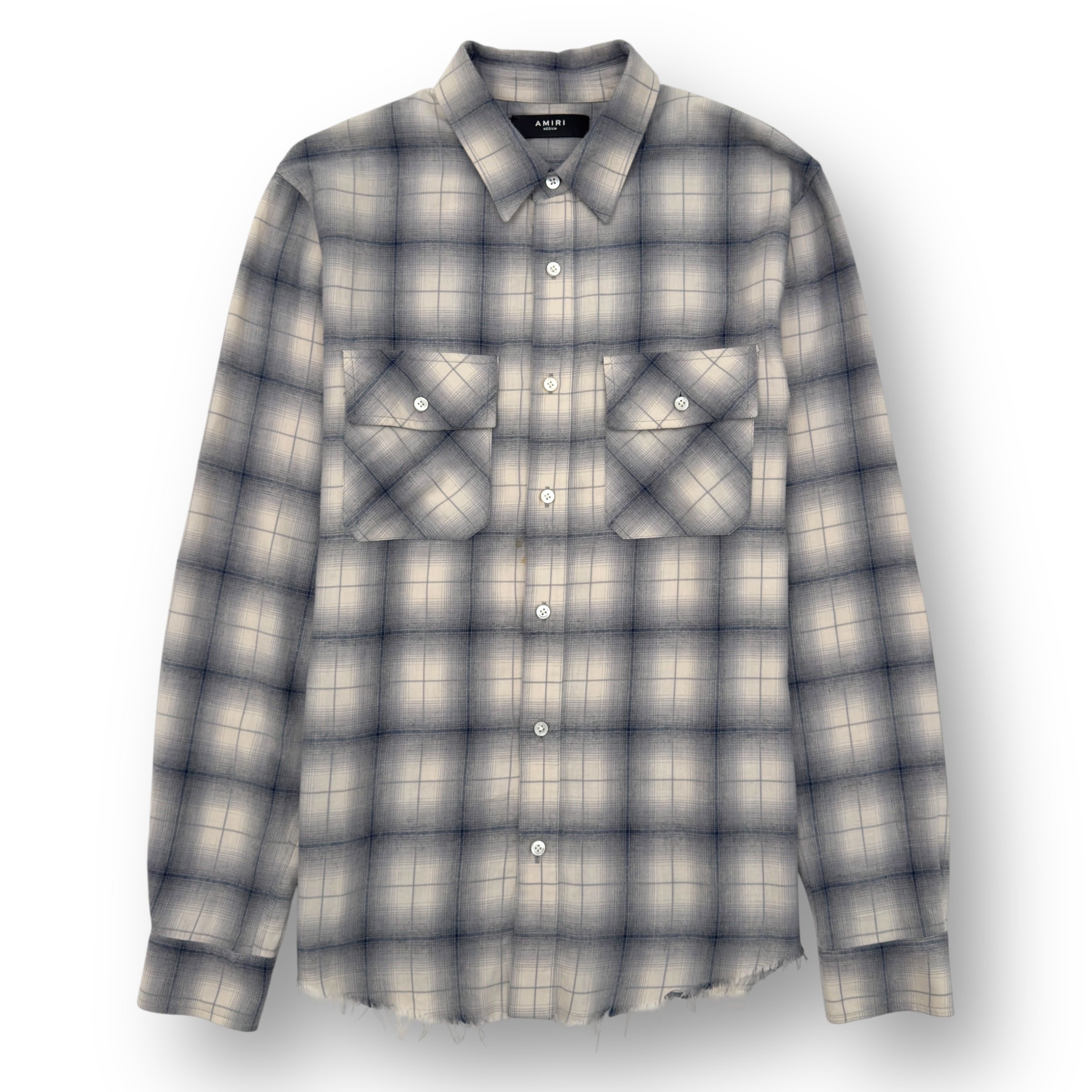 AMIRI FLANNEL LOGO APPLIQUÉ BRUSHED COTTON SHIRT BLUE / BLACK M