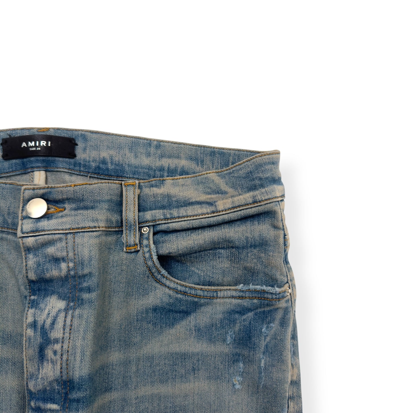 AMIRI SERIF LOGO EMBROIDERED BANDANA SKINNY DENIM JEANS BLUE W34”