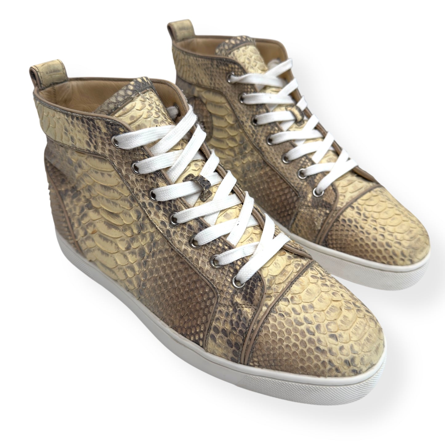 CHRISTIAN LOUBOUTIN LOUIS FLAT PYTHON ROCCIA HIGH TOP SNEAKER BEIGE 42 / UK8