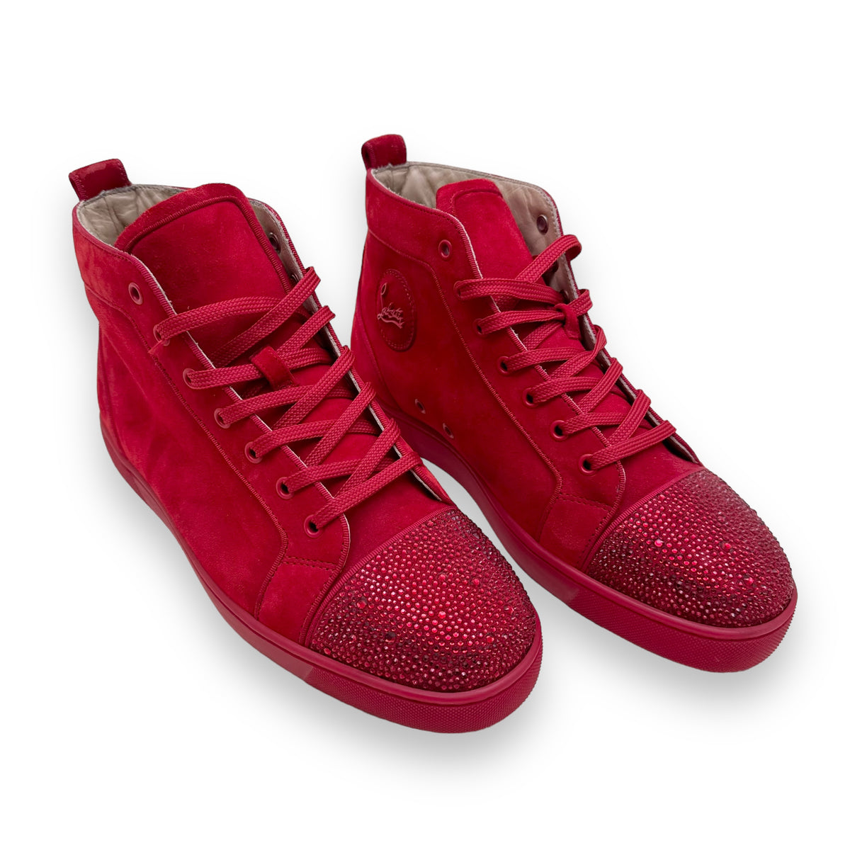 CHRISTIAN LOUBOUTIN VEAU VELOUR STRASS HIGH TOP SNEAKER RED UK9