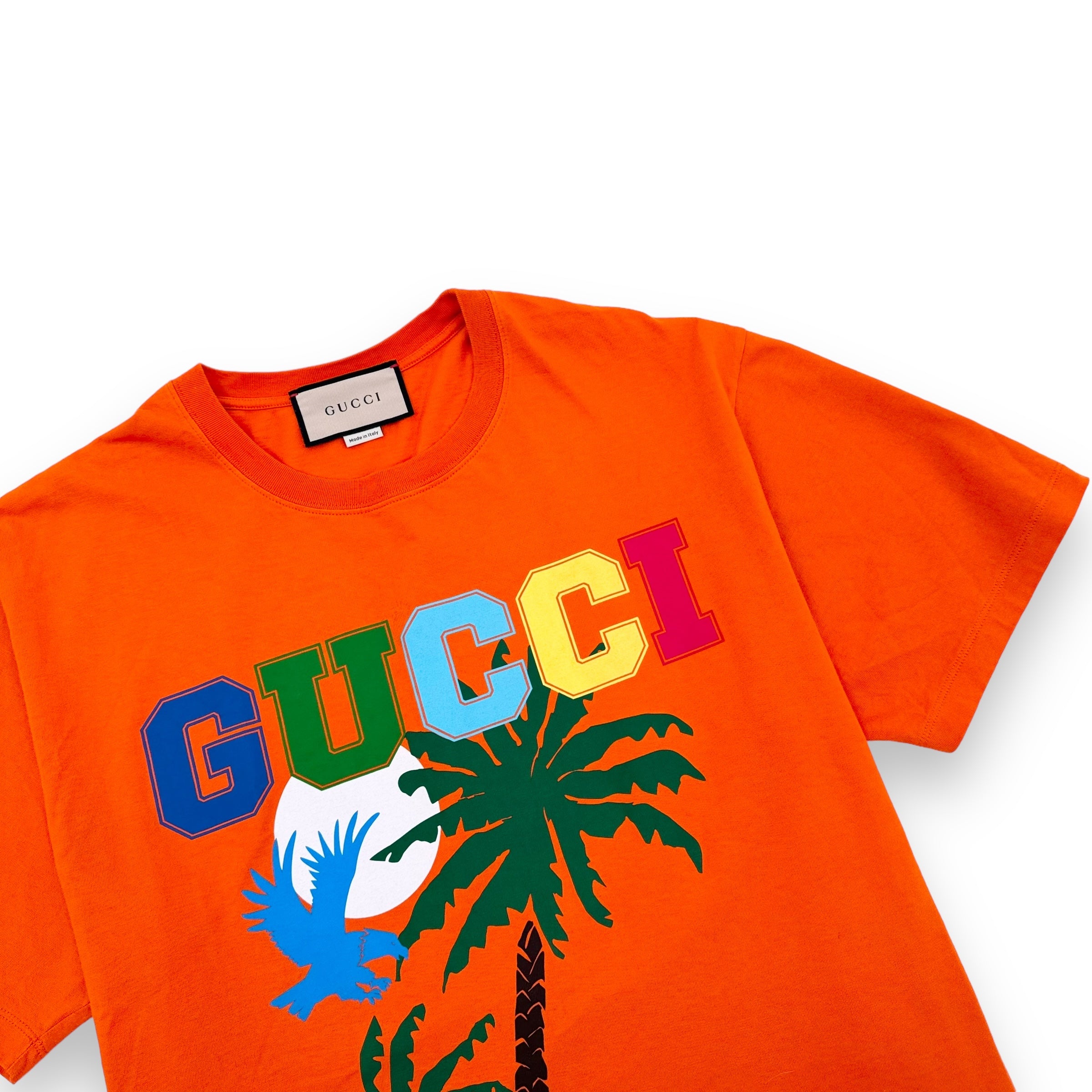 GUCCI COTTON PALM TREE PRINT T-SHIRT ORANGE L